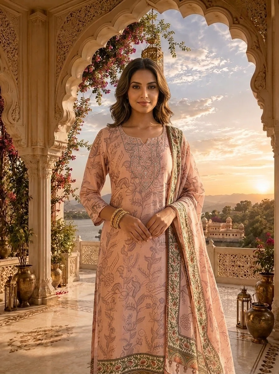 Peach Linen Tonal Floral Printed Three Piece Set - Image 4