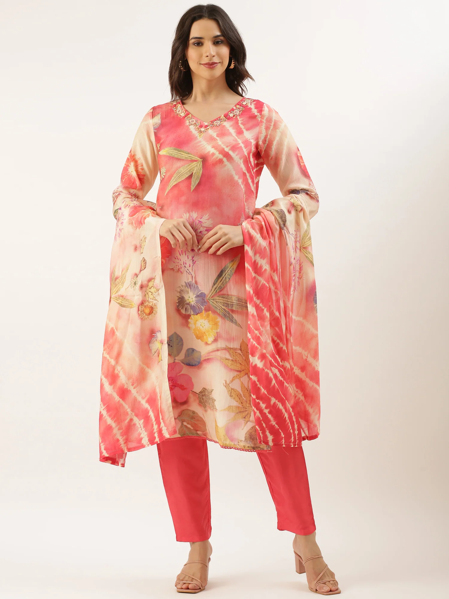 Peach Muslin Printed Embroidered Three Piece Set - Image 2