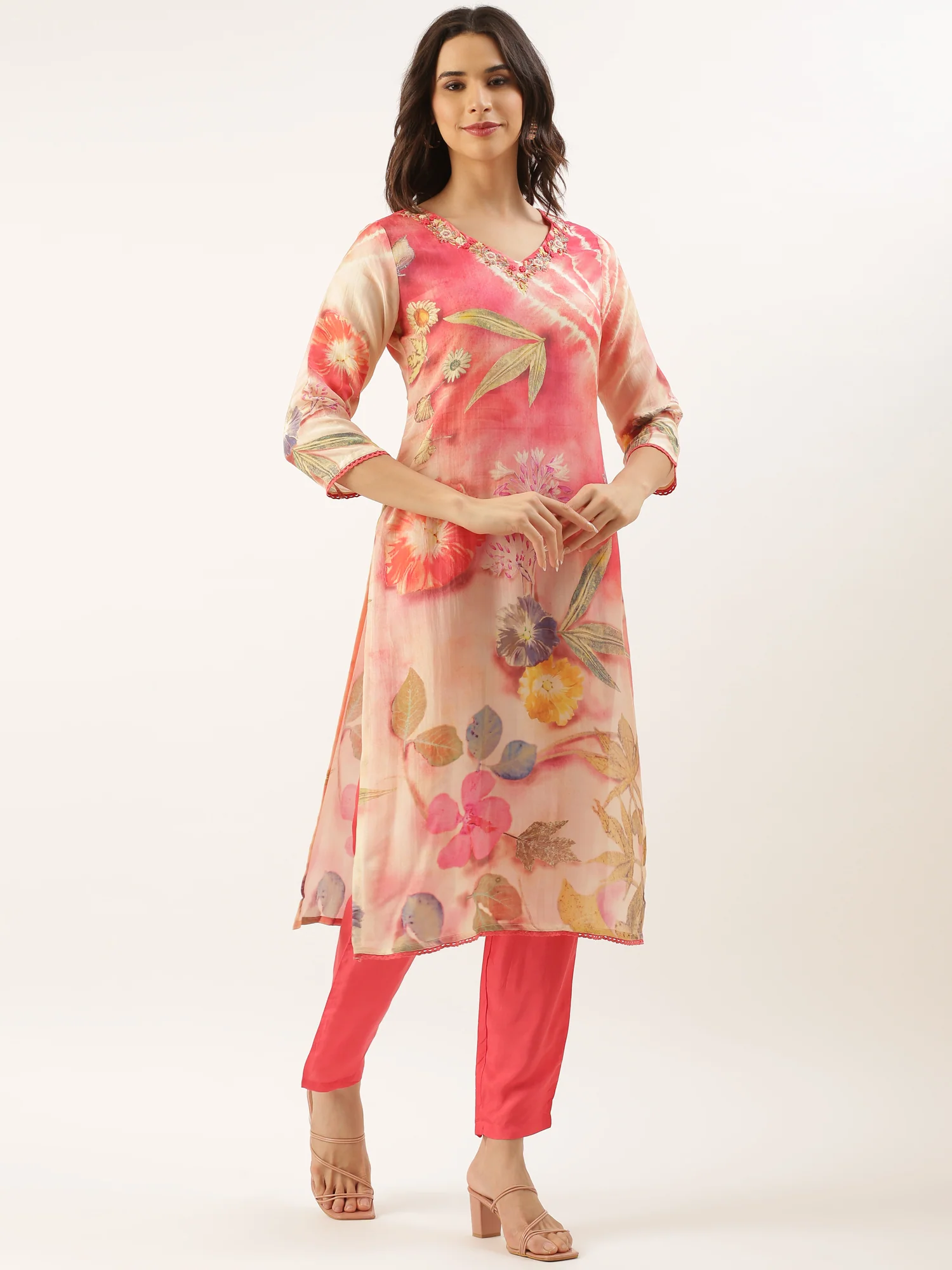Peach Muslin Printed Embroidered Three Piece Set - Image 3