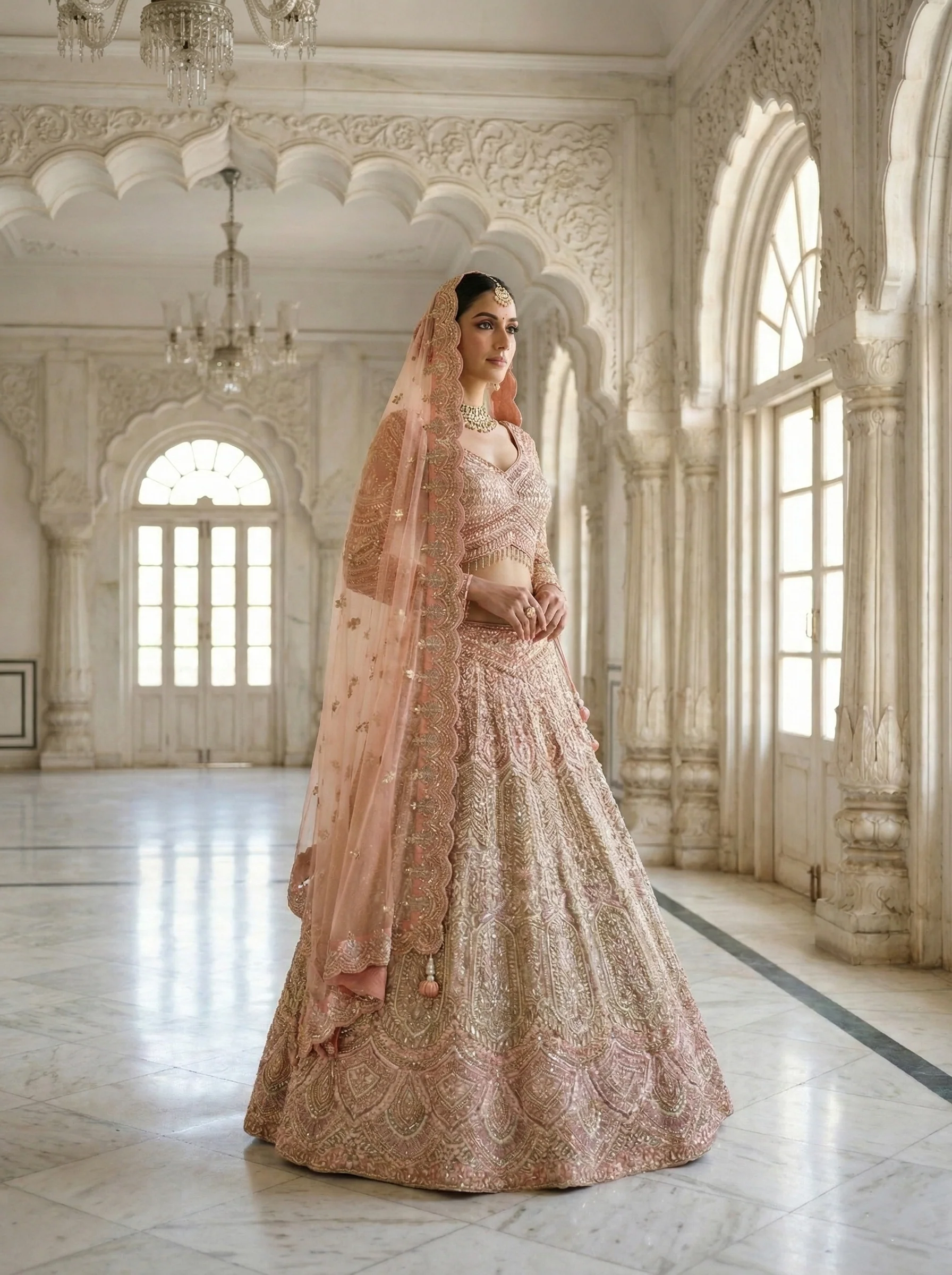 Peach Net Heavy Hand Embroidered Ghagra Set