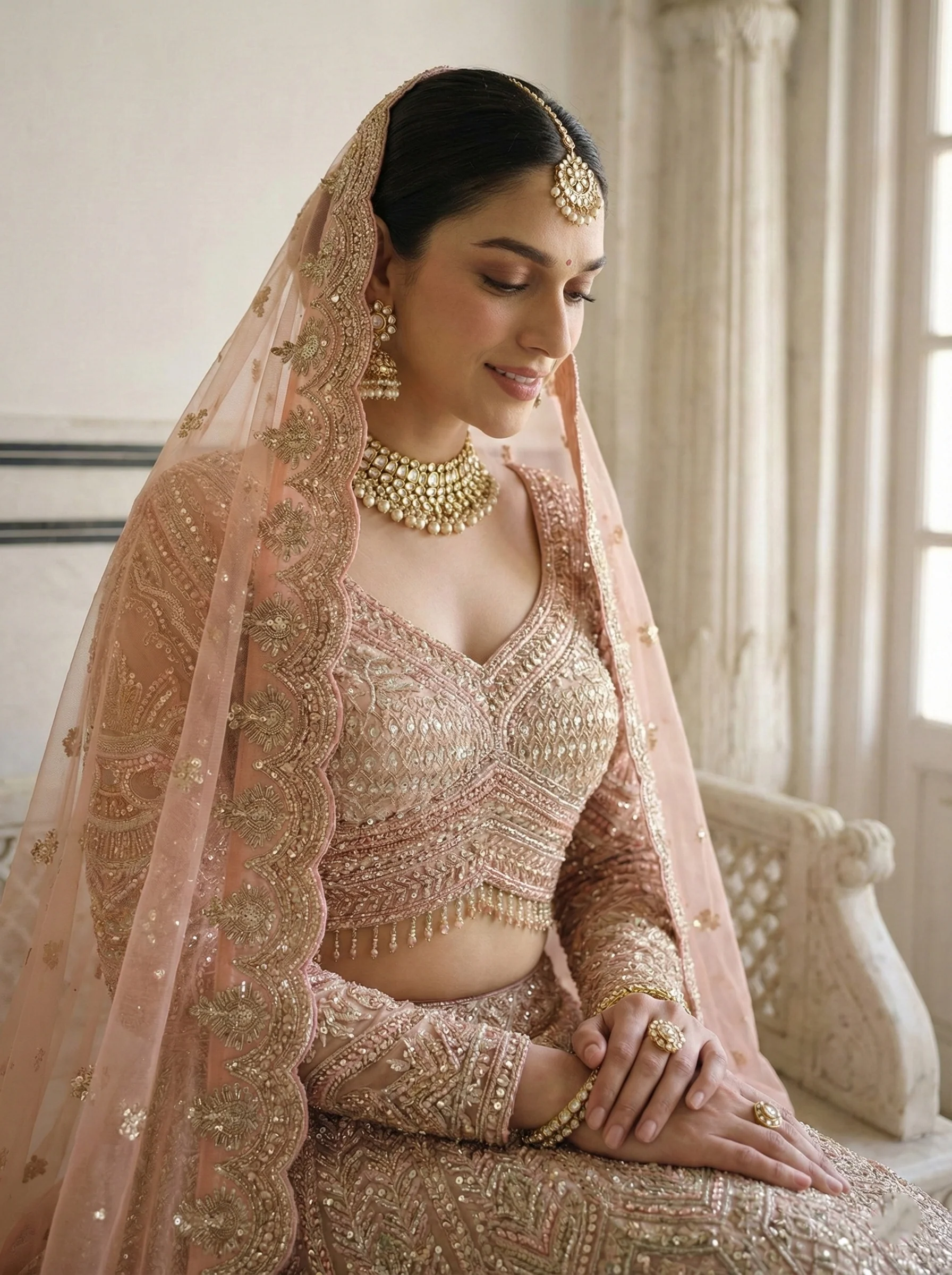 Peach Net Heavy Hand Embroidered Ghagra Set - Image 3