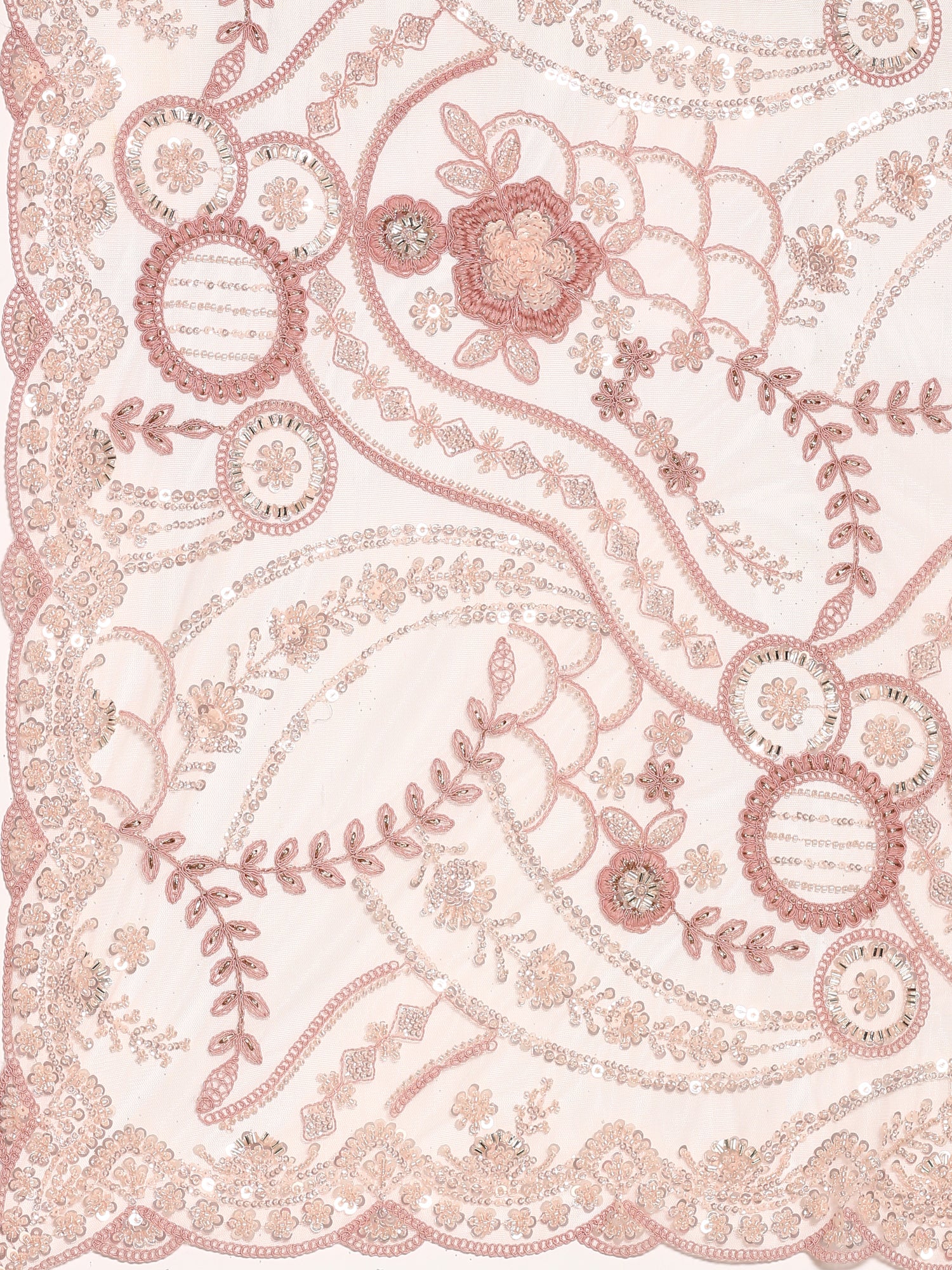 Peach net saree with pearl and sequins hand embroidery with scallop border - Image 5