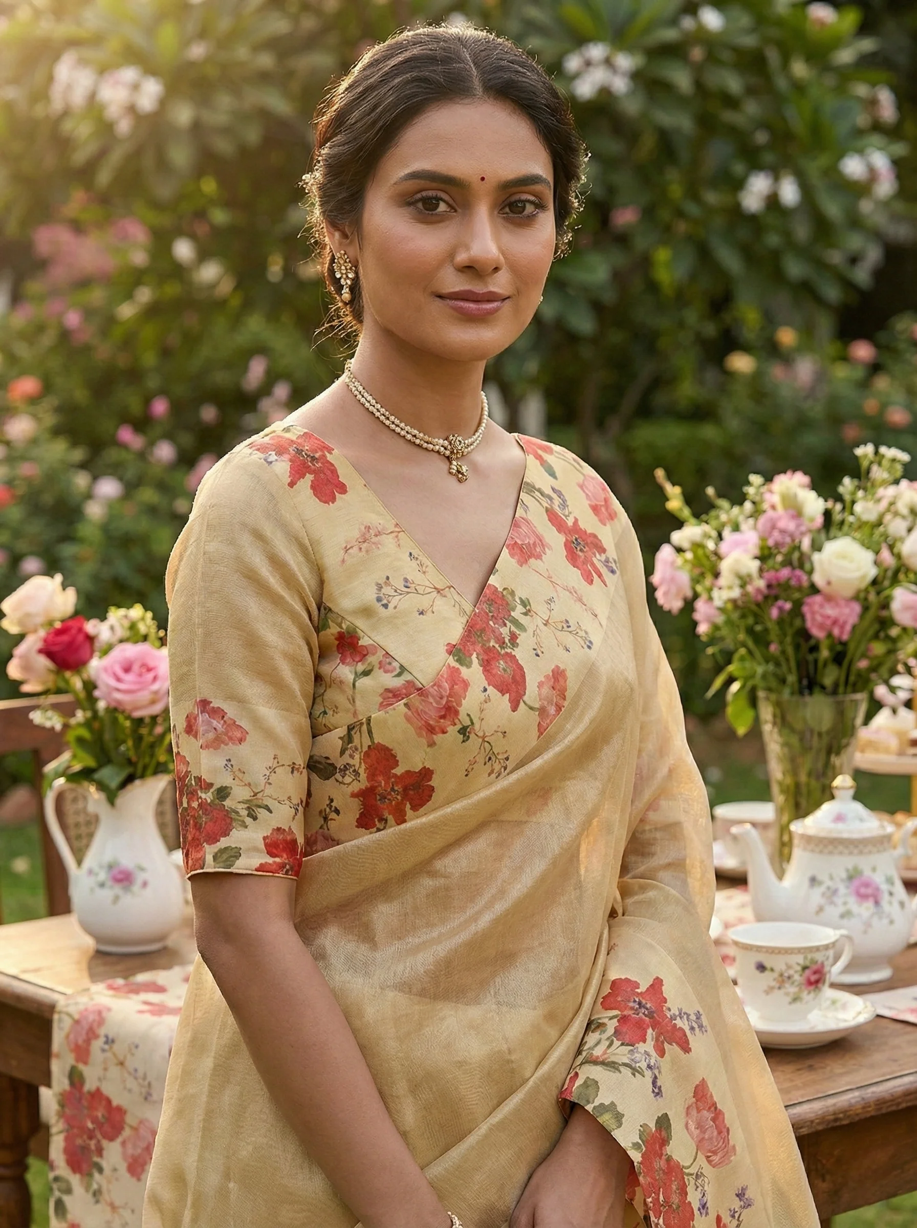Peach Organza Floral Digital Printed Saree - Image 3