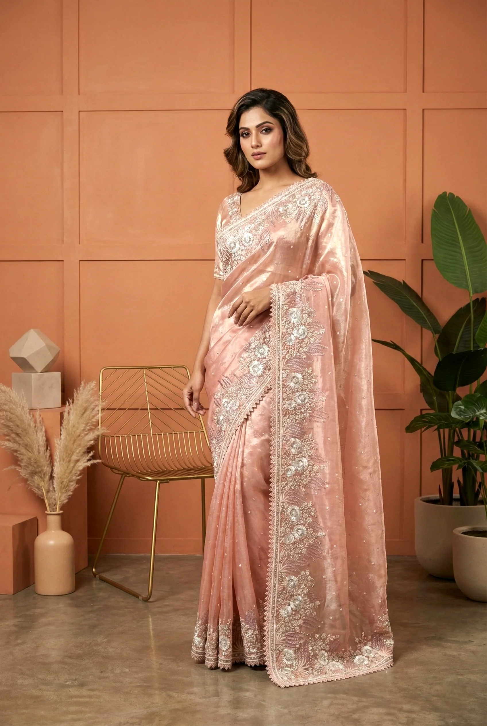 Peach Organza Floral Embroidered Saree
