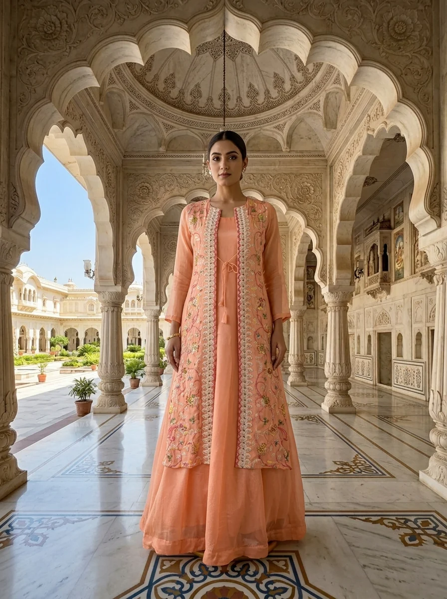 Peach Organza Floral Thread Embroidery Anarkali With Jacket