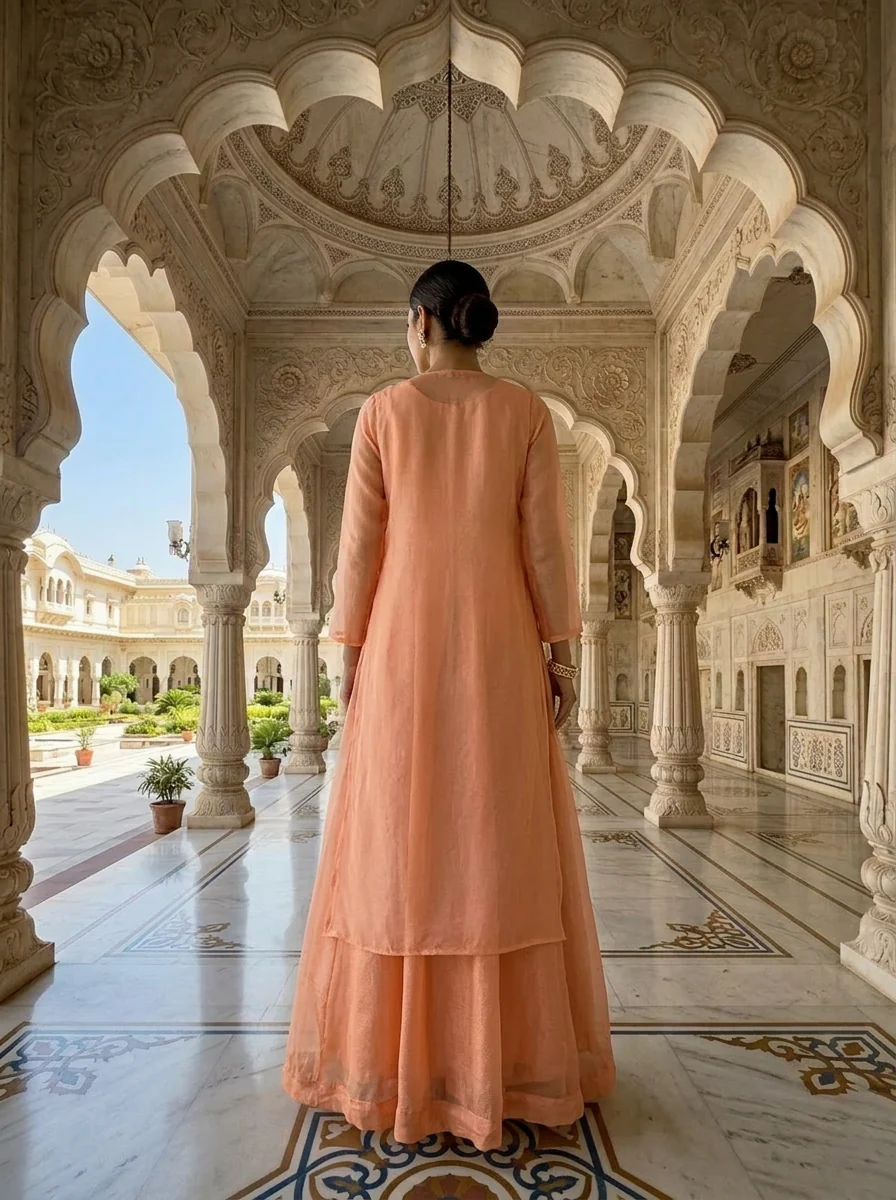 Peach Organza Floral Thread Embroidery Anarkali With Jacket - Image 2