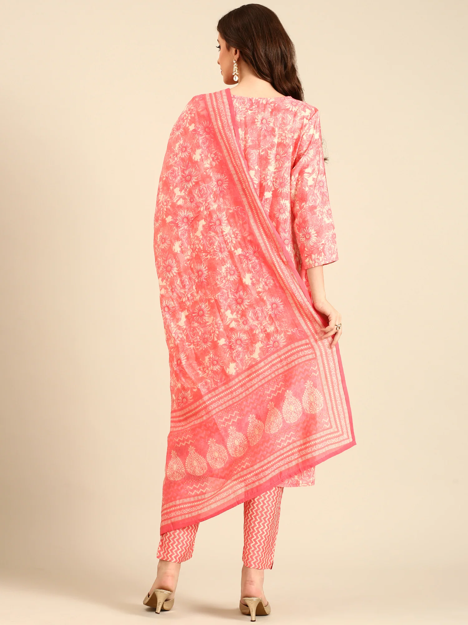 Peach pink floral printed three piece suit set - Image 3