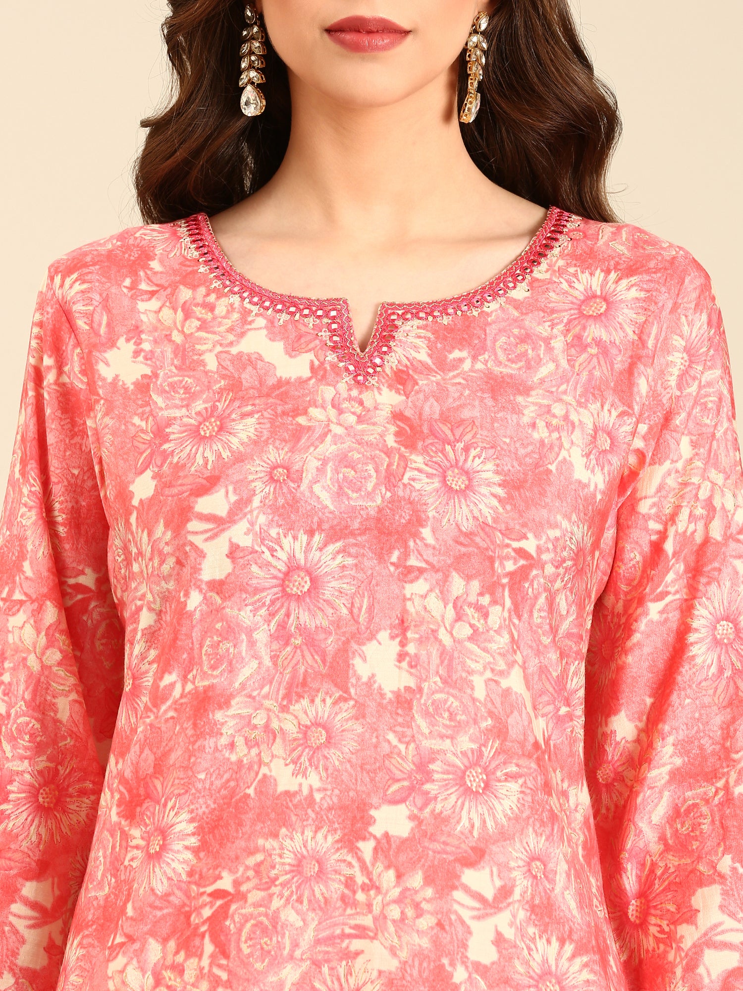 Peach pink floral printed three piece suit set - Image 4
