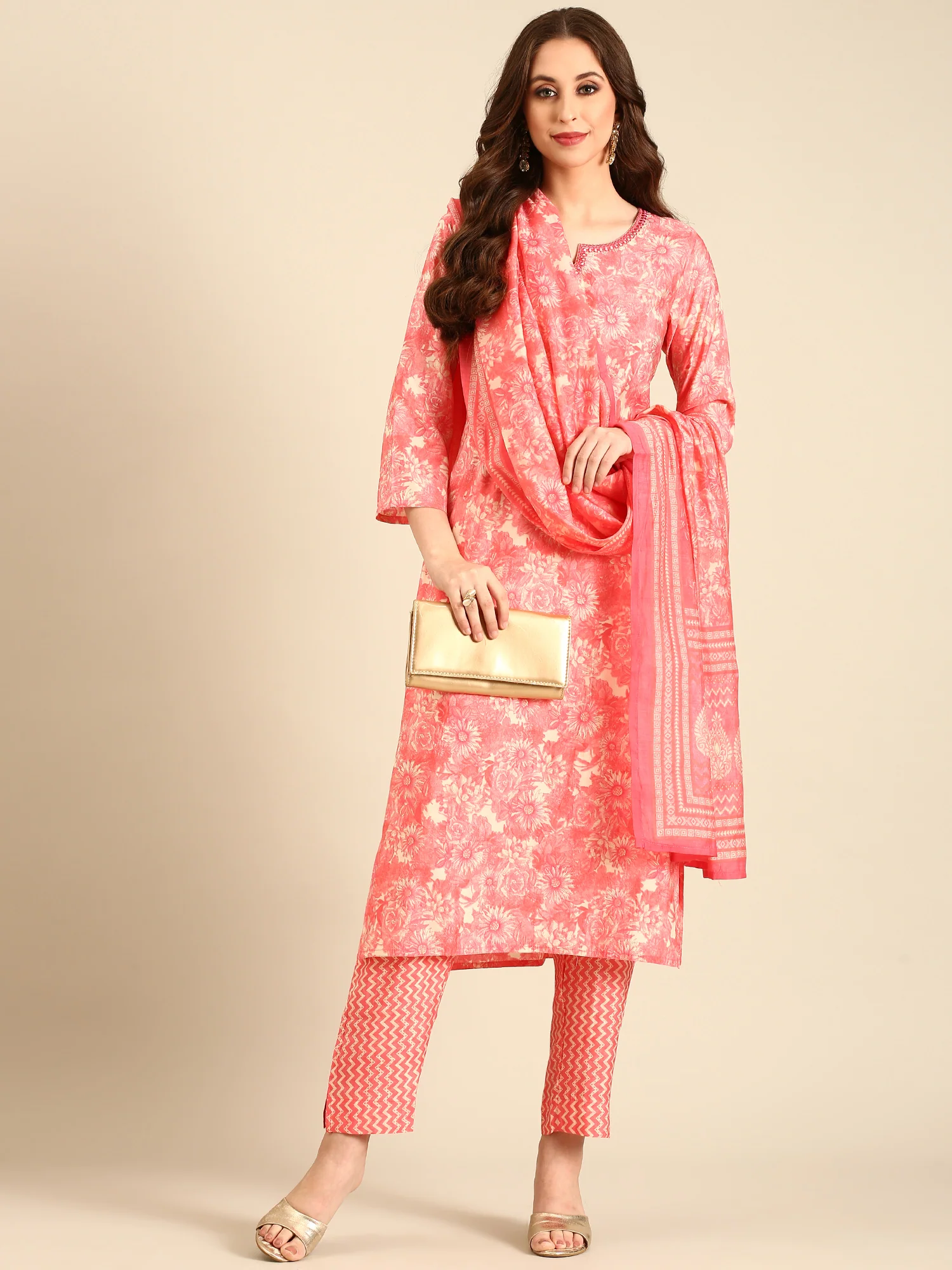 Peach pink floral printed three piece suit set - Image 5