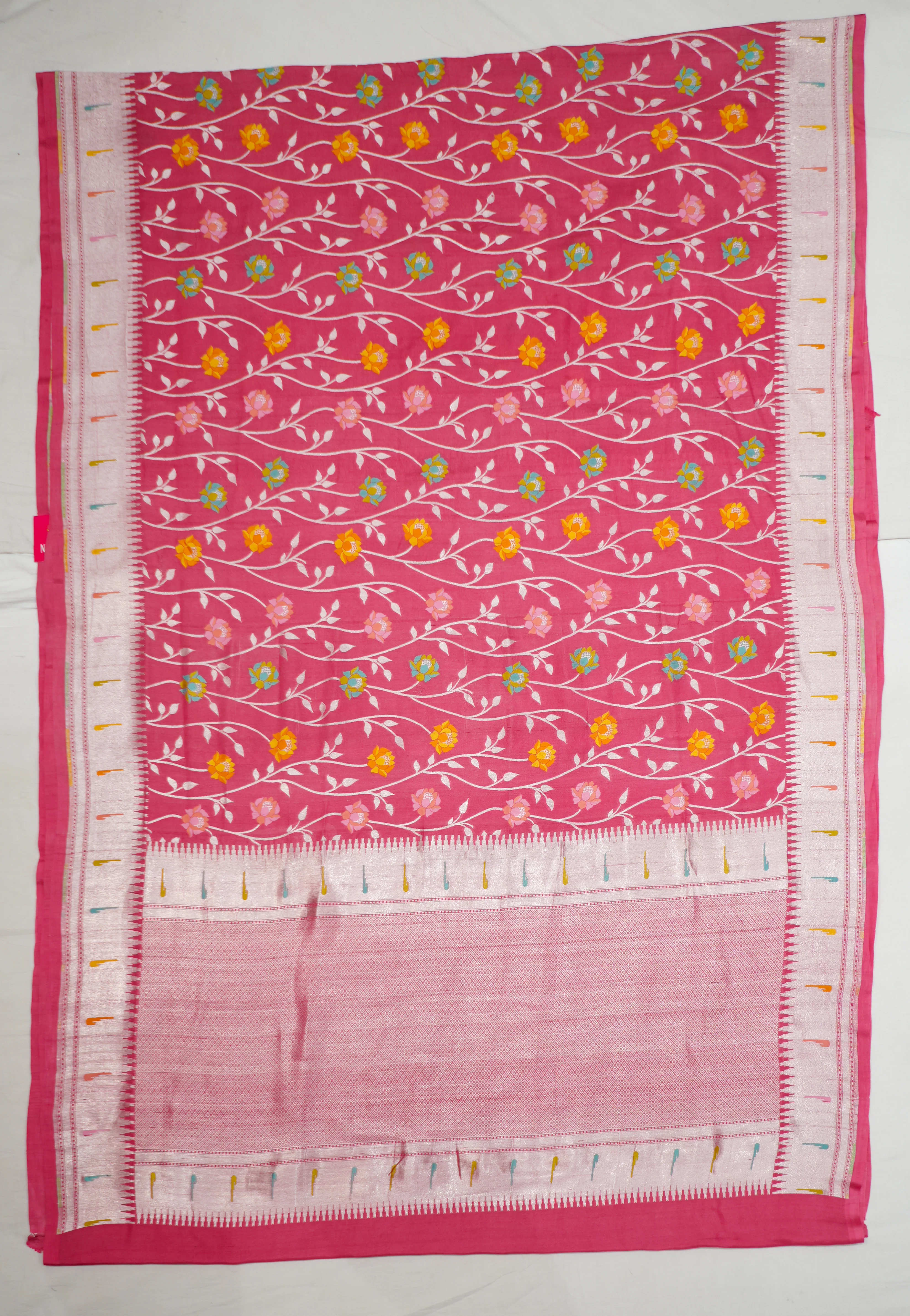 Peach Pure Handloom Tussar With Paithani Muniya Border All Over Multicolour Flowers