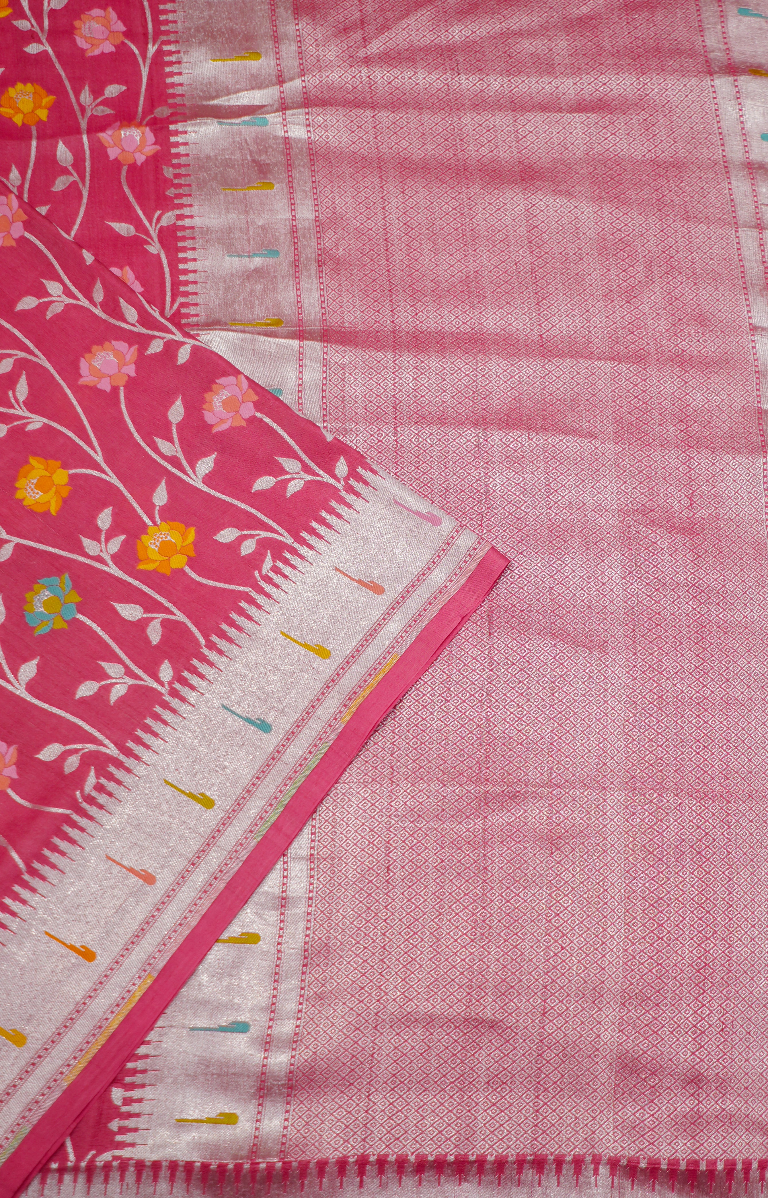 Peach Pure Handloom Tussar With Paithani Muniya Border All Over Multicolour Flowers - Image 2