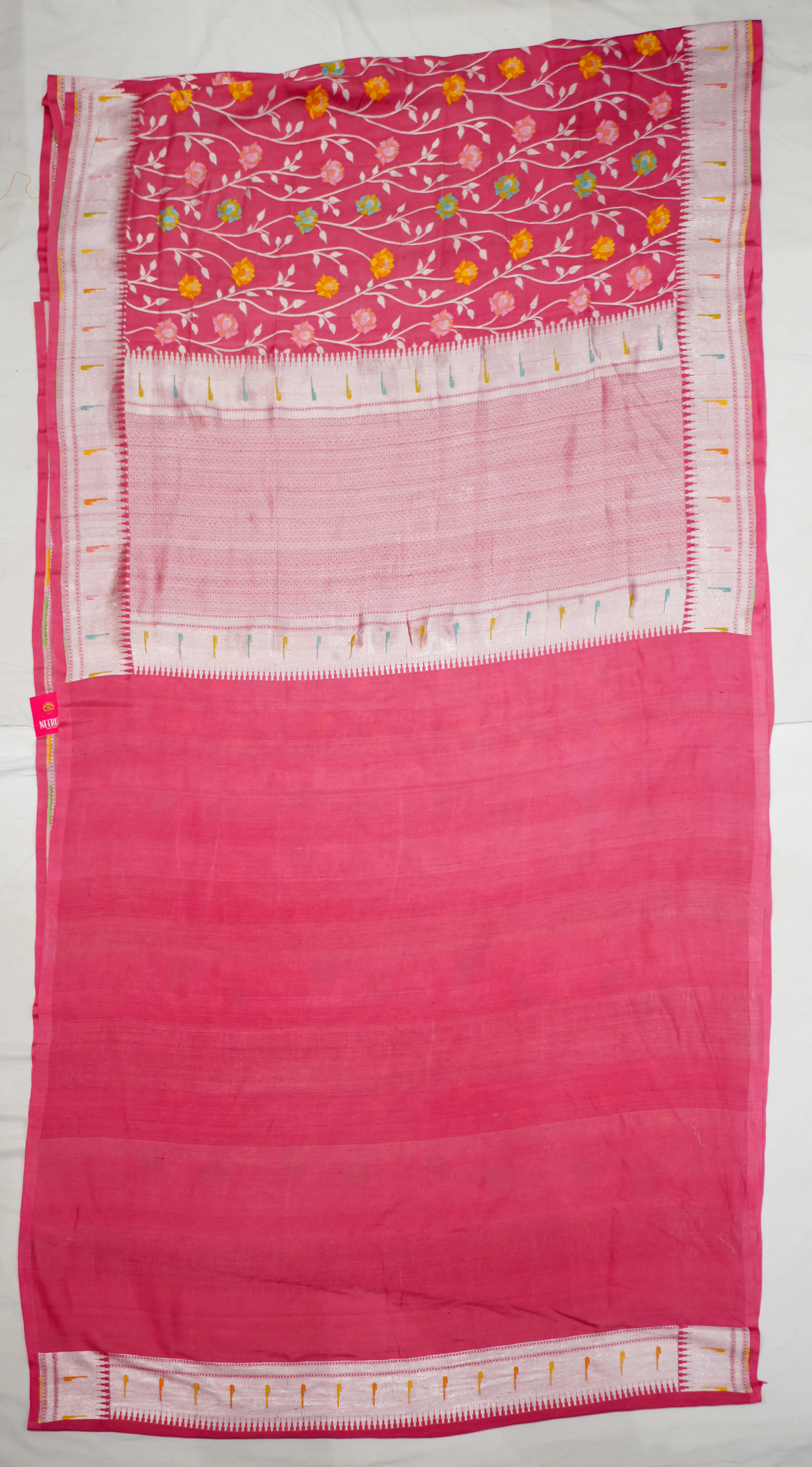 Peach Pure Handloom Tussar With Paithani Muniya Border All Over Multicolour Flowers - Image 4