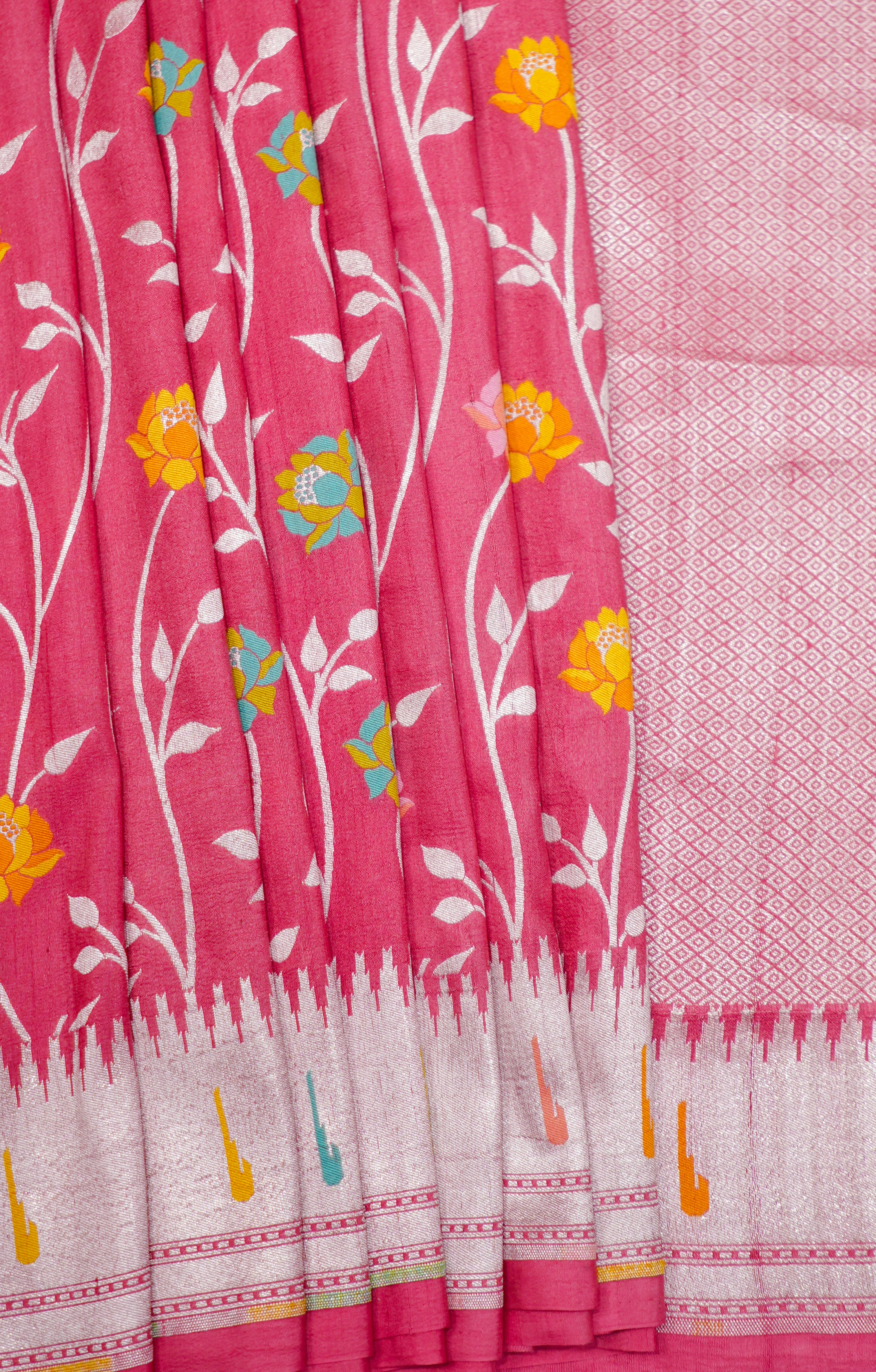 Peach Pure Handloom Tussar With Paithani Muniya Border All Over Multicolour Flowers - Image 6