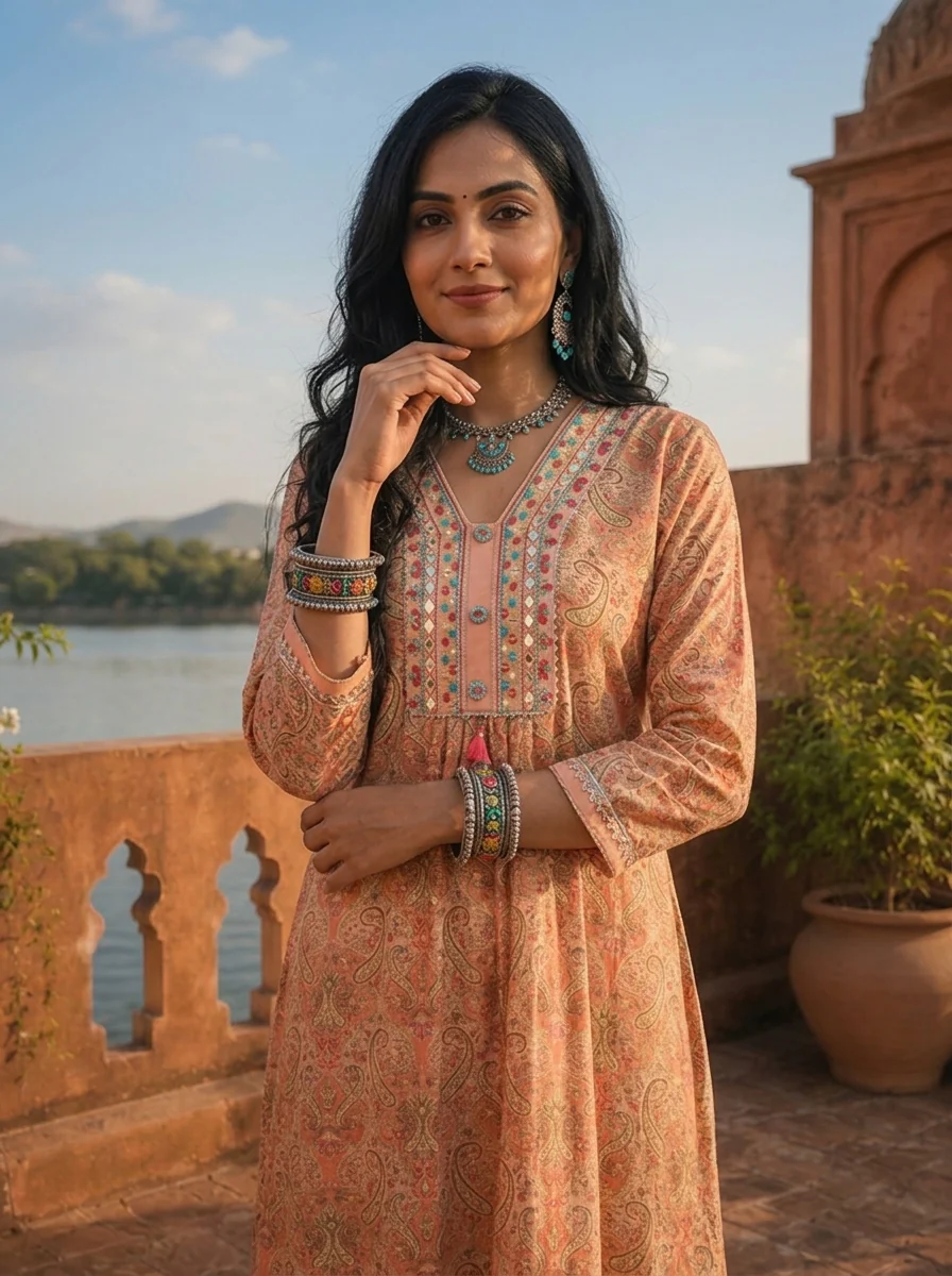 Peach Rayon Boho Ethnic Printed Dress - Image 4
