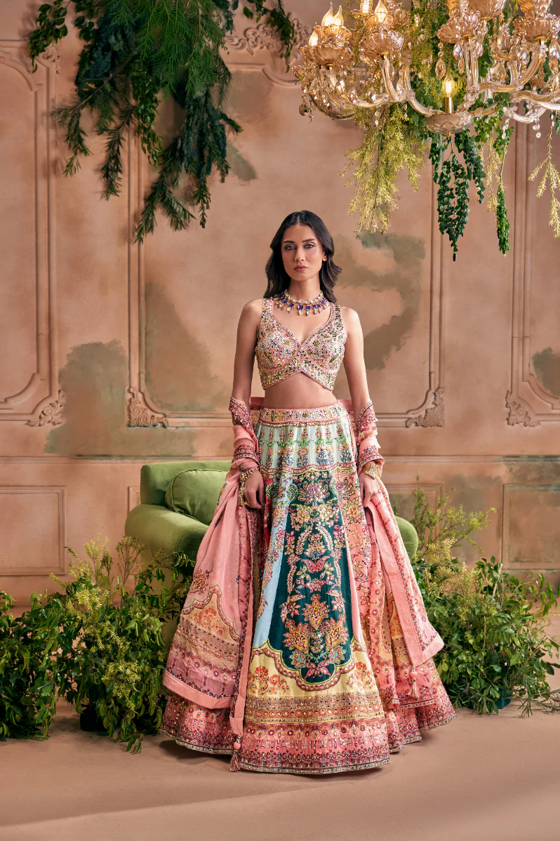 Peach Silk Heavy Zari Floral And Thread Embroidery Ghagra Set