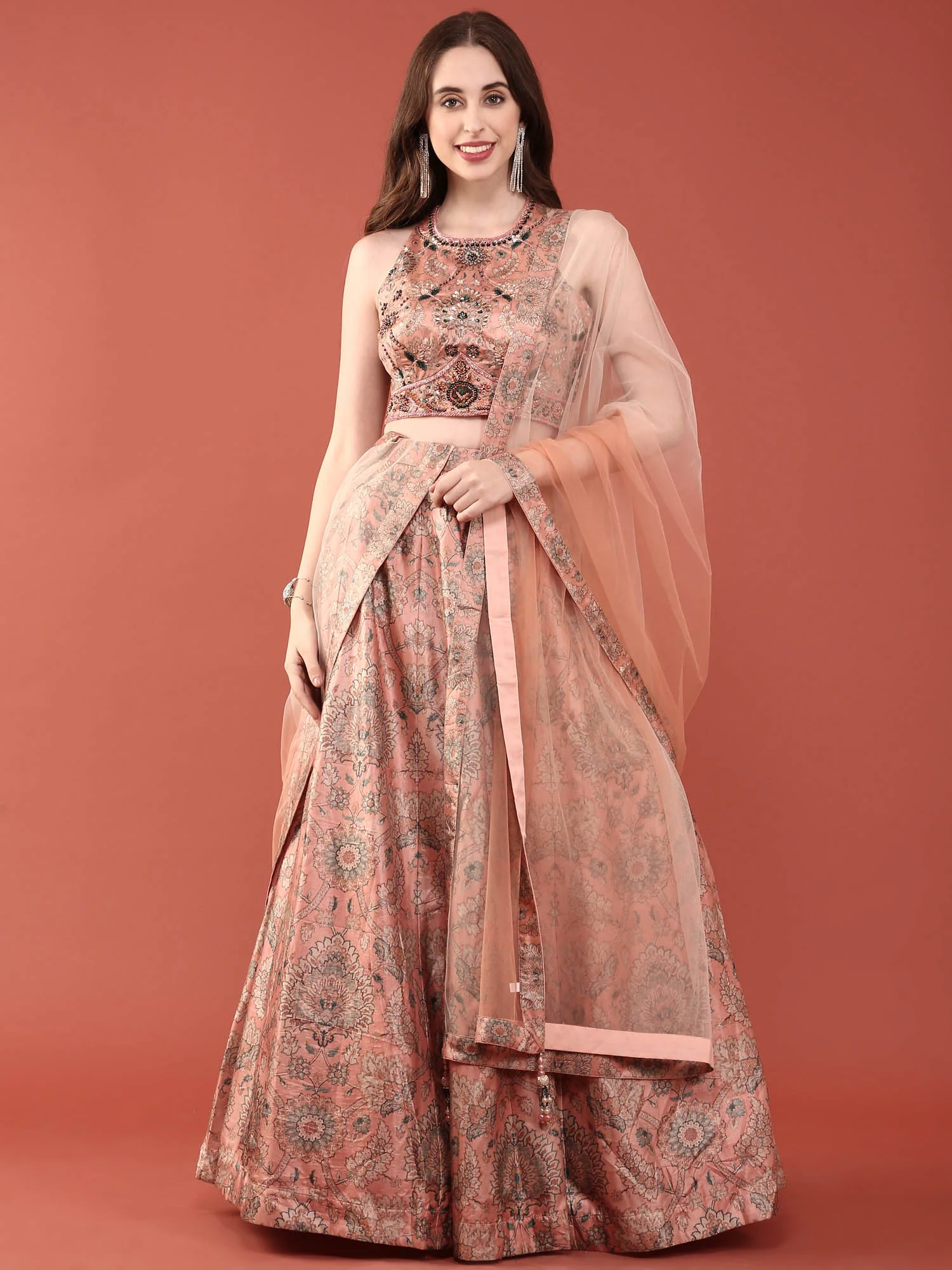 Peach Silk With Beads And Digital Print Ghagra Set - Image 2