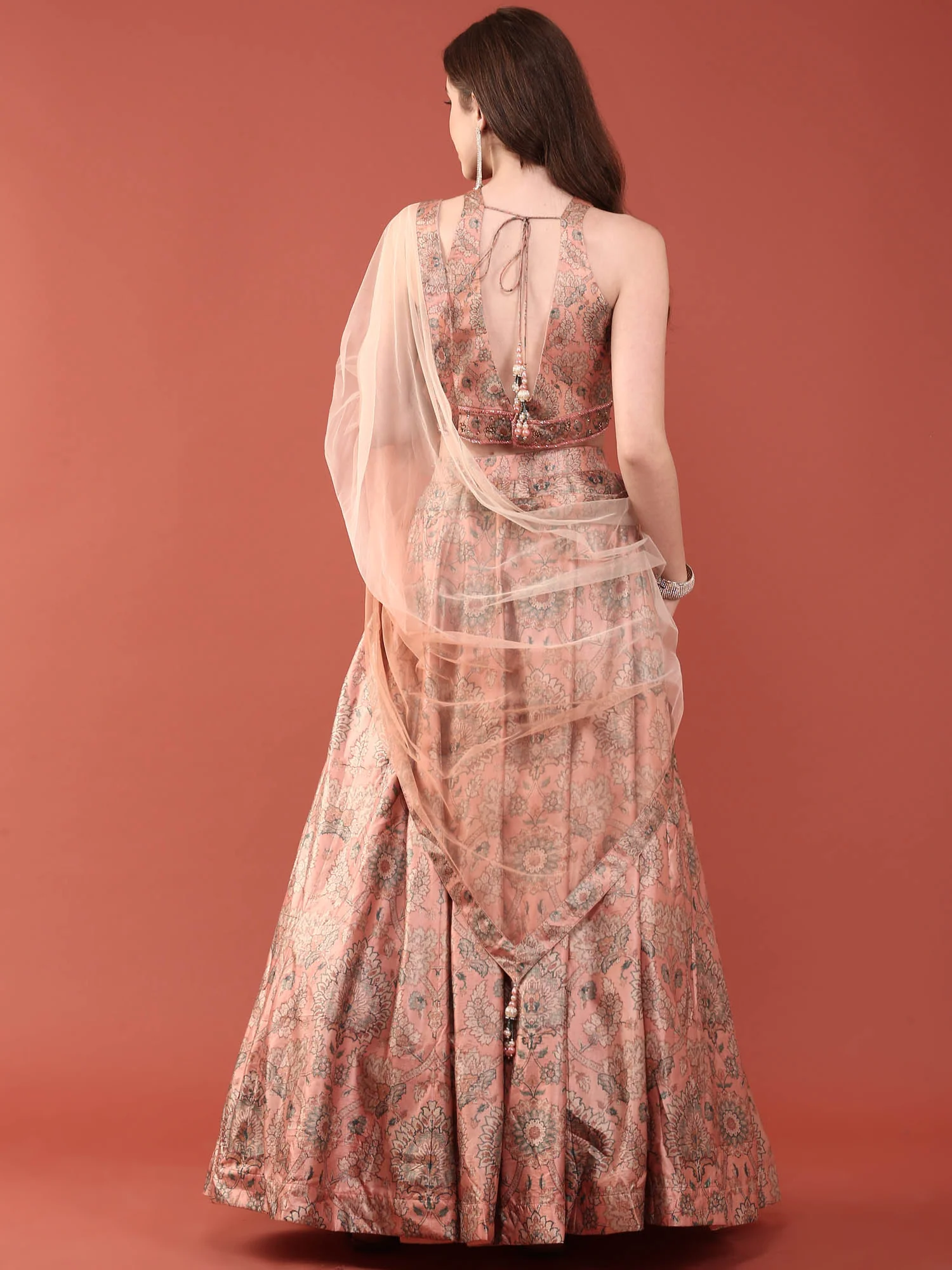 Peach Silk With Beads And Digital Print Ghagra Set - Image 4