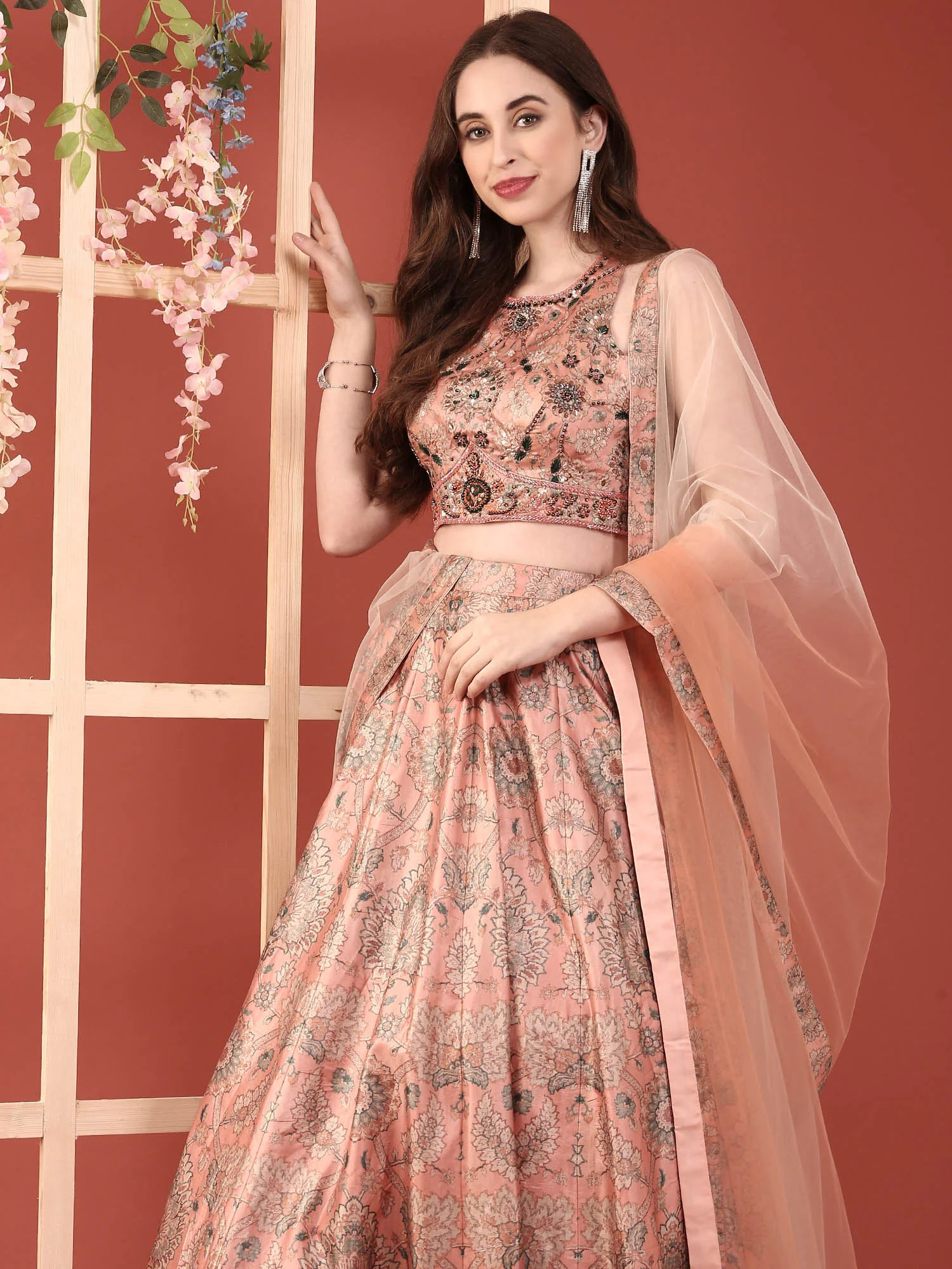 Peach Silk With Beads And Digital Print Ghagra Set - Image 6