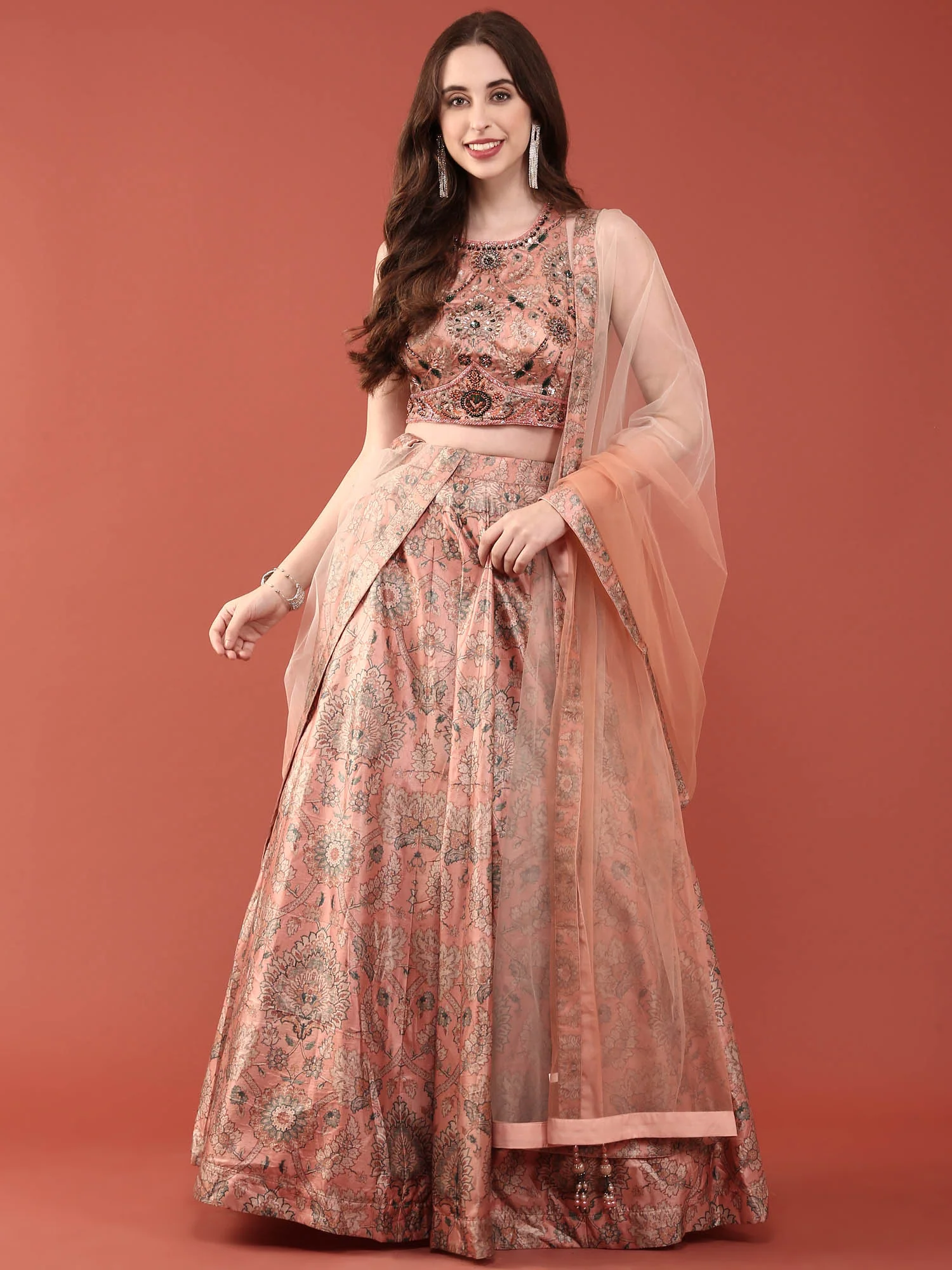 Peach Silk With Beads And Digital Print Ghagra Set - Image 7