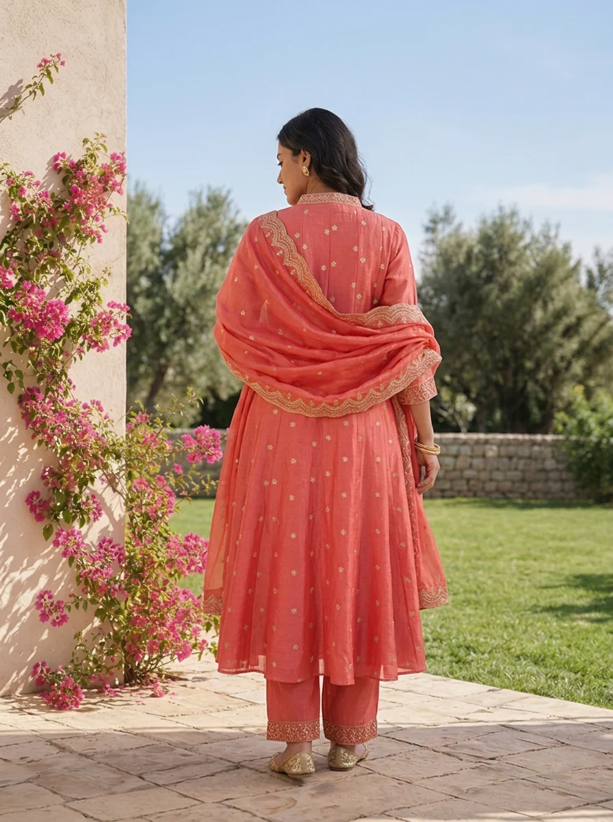 Peach Tissue Floral Zari Embroidered Three Piece Set - Image 2