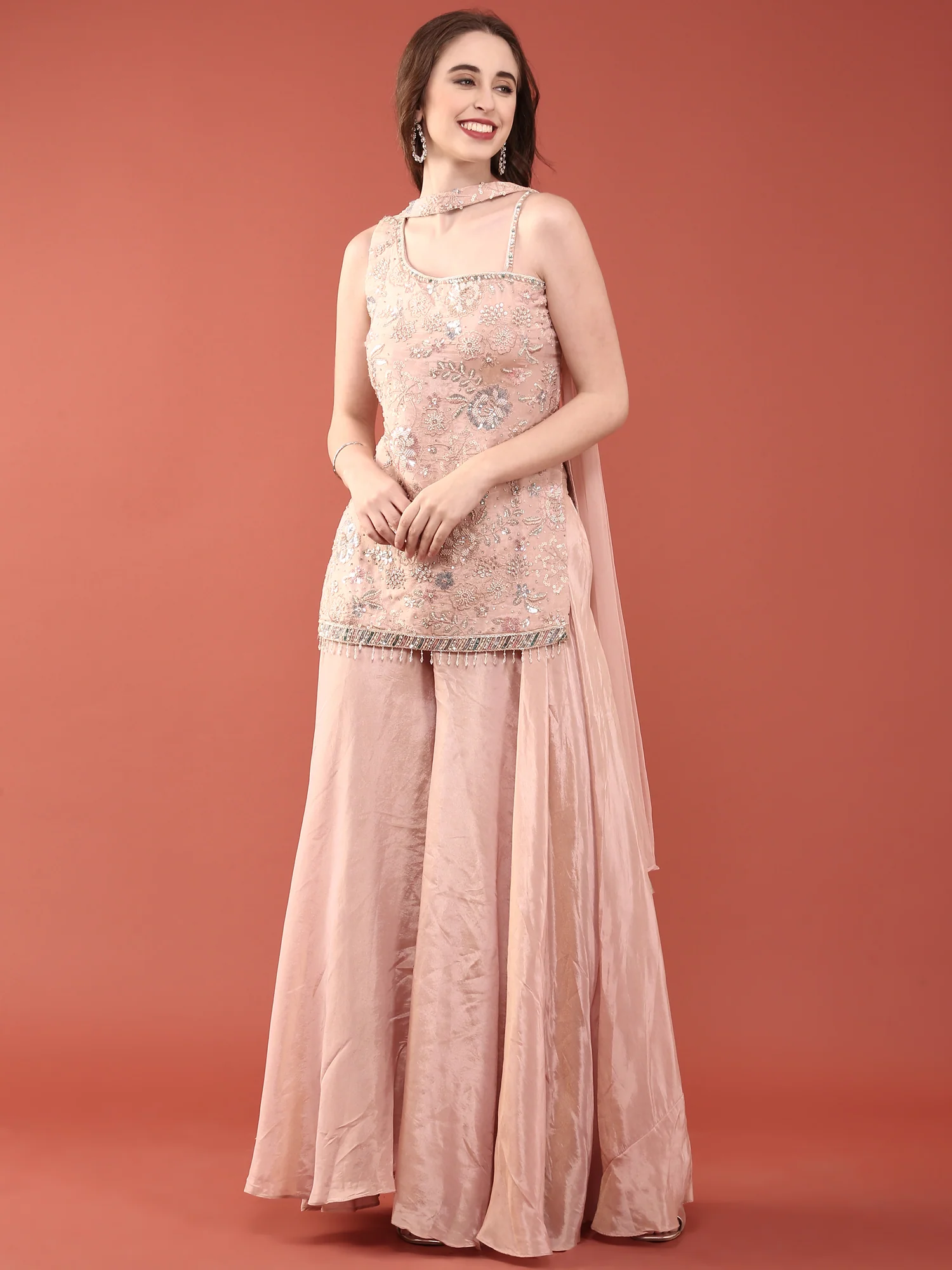 Peach Tissue Hand Embroidery Palazzo Set - Image 2