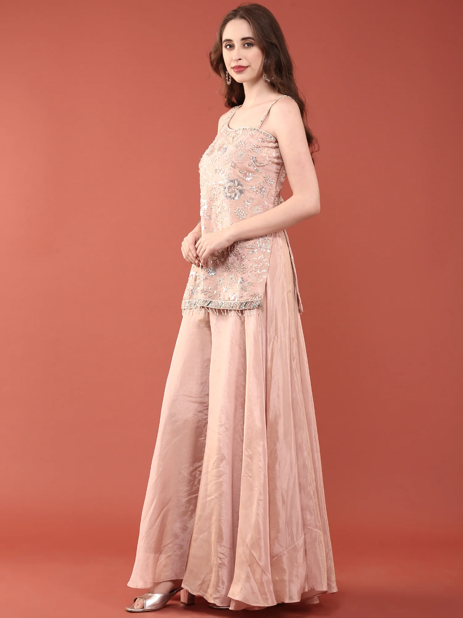 Peach Tissue Hand Embroidery Palazzo Set - Image 3