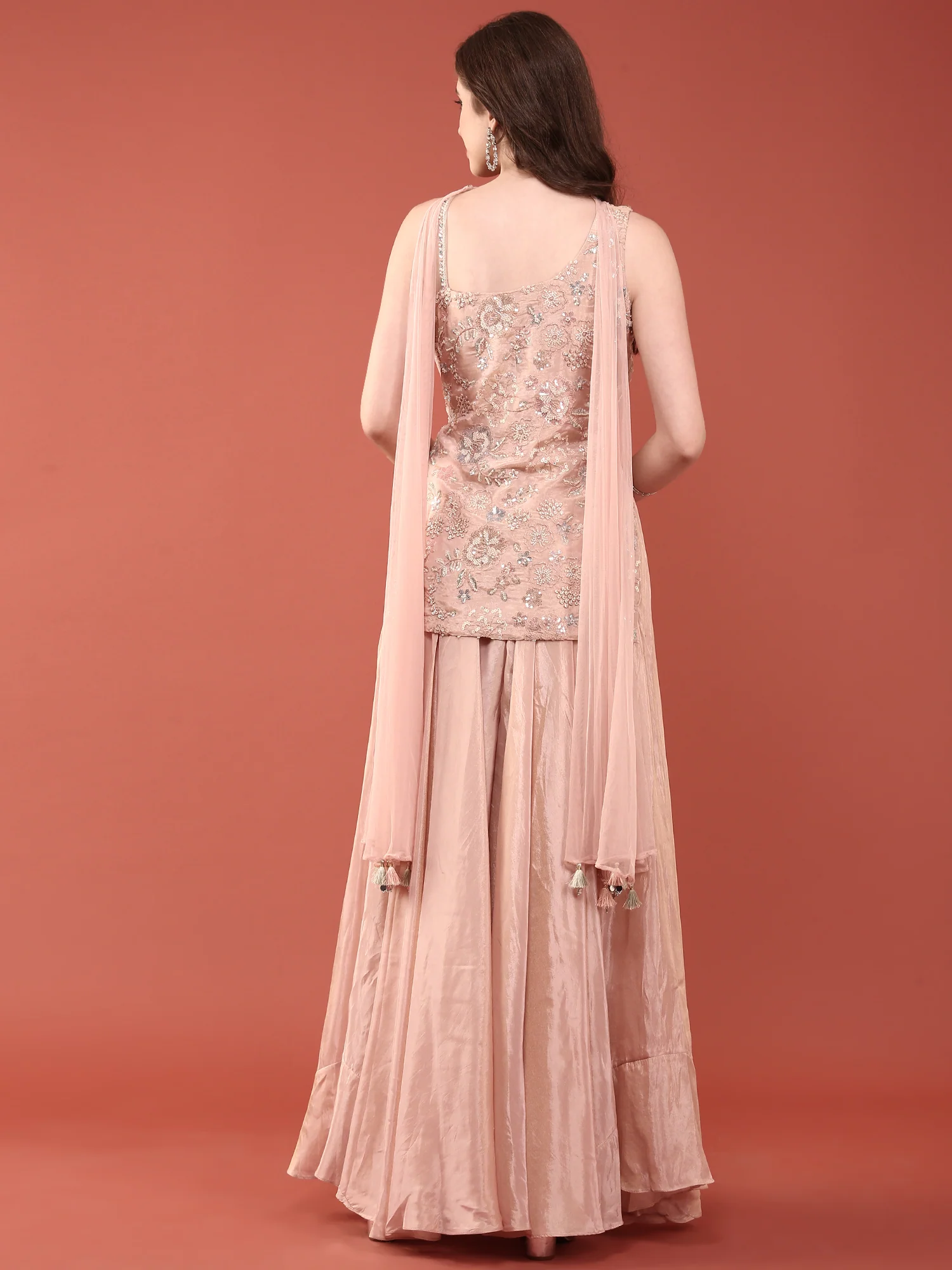 Peach Tissue Hand Embroidery Palazzo Set - Image 4