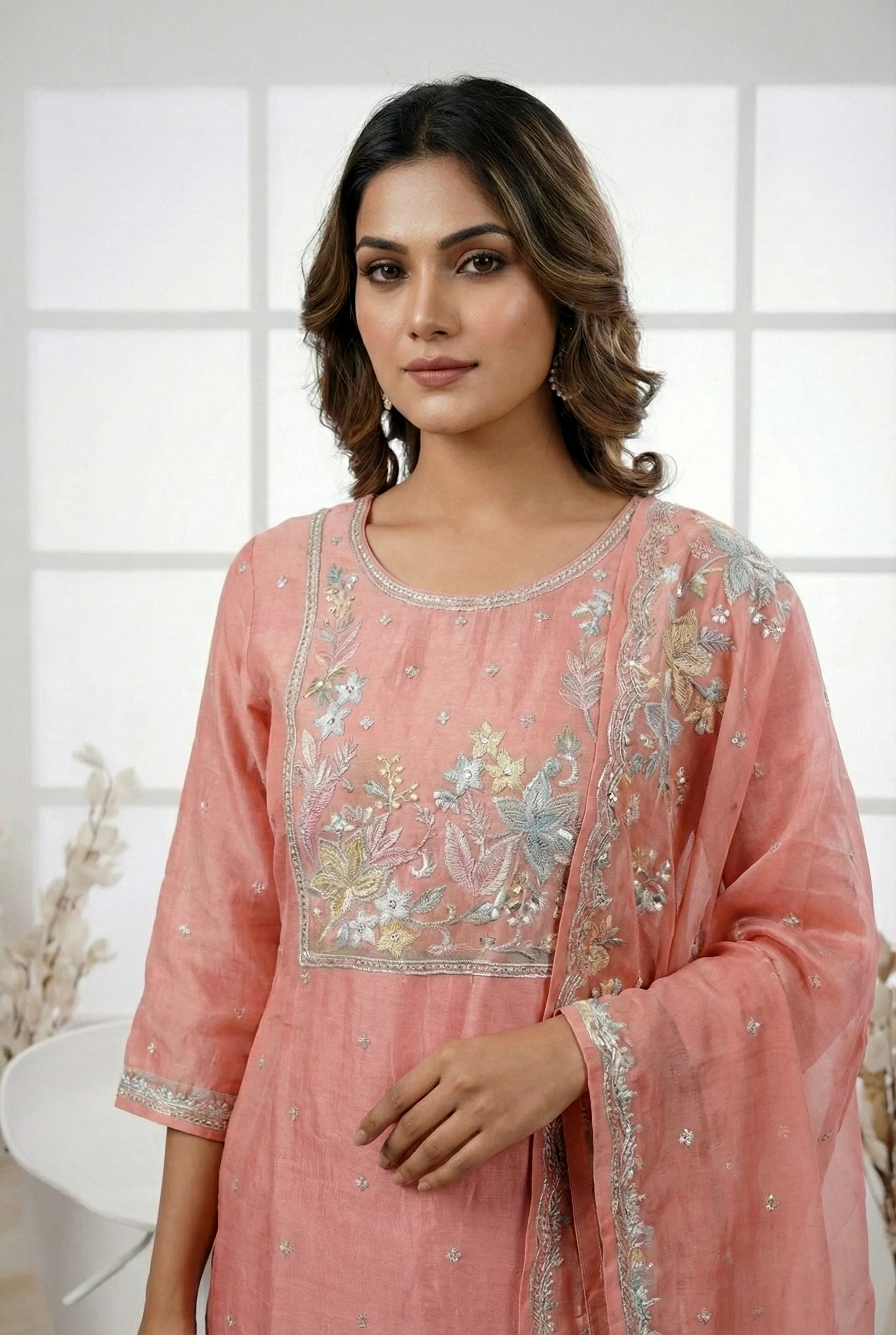Peach Tissue Hand Embroidery Three Piece Set - Image 2