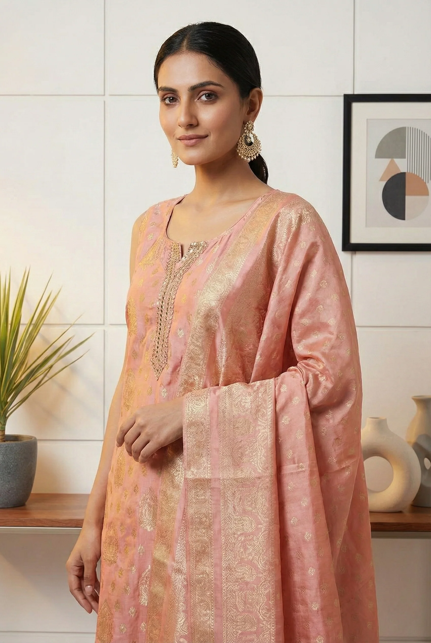 Peach Tissue Printed Three Piece Set - Image 2