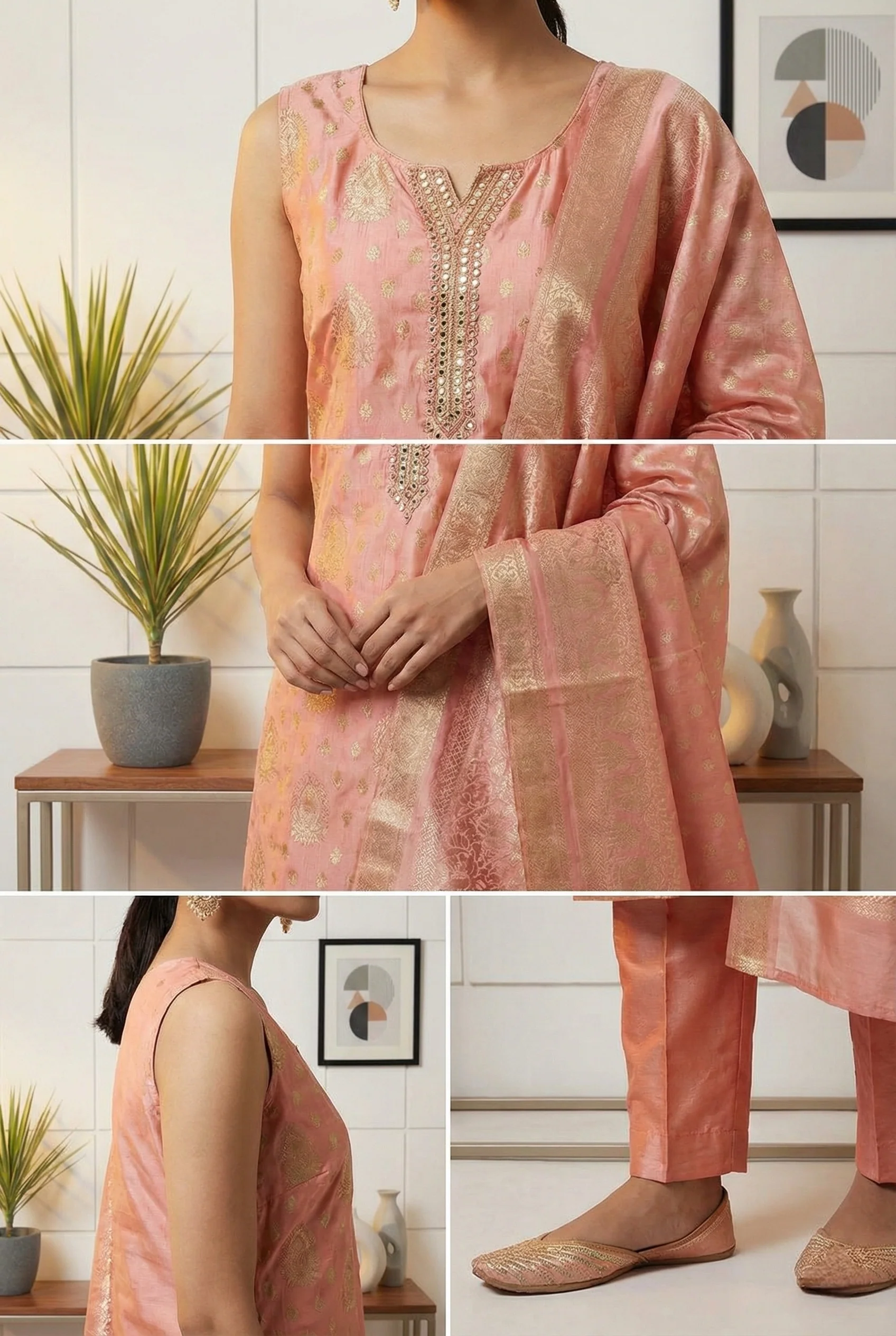 Peach Tissue Printed Three Piece Set - Image 3