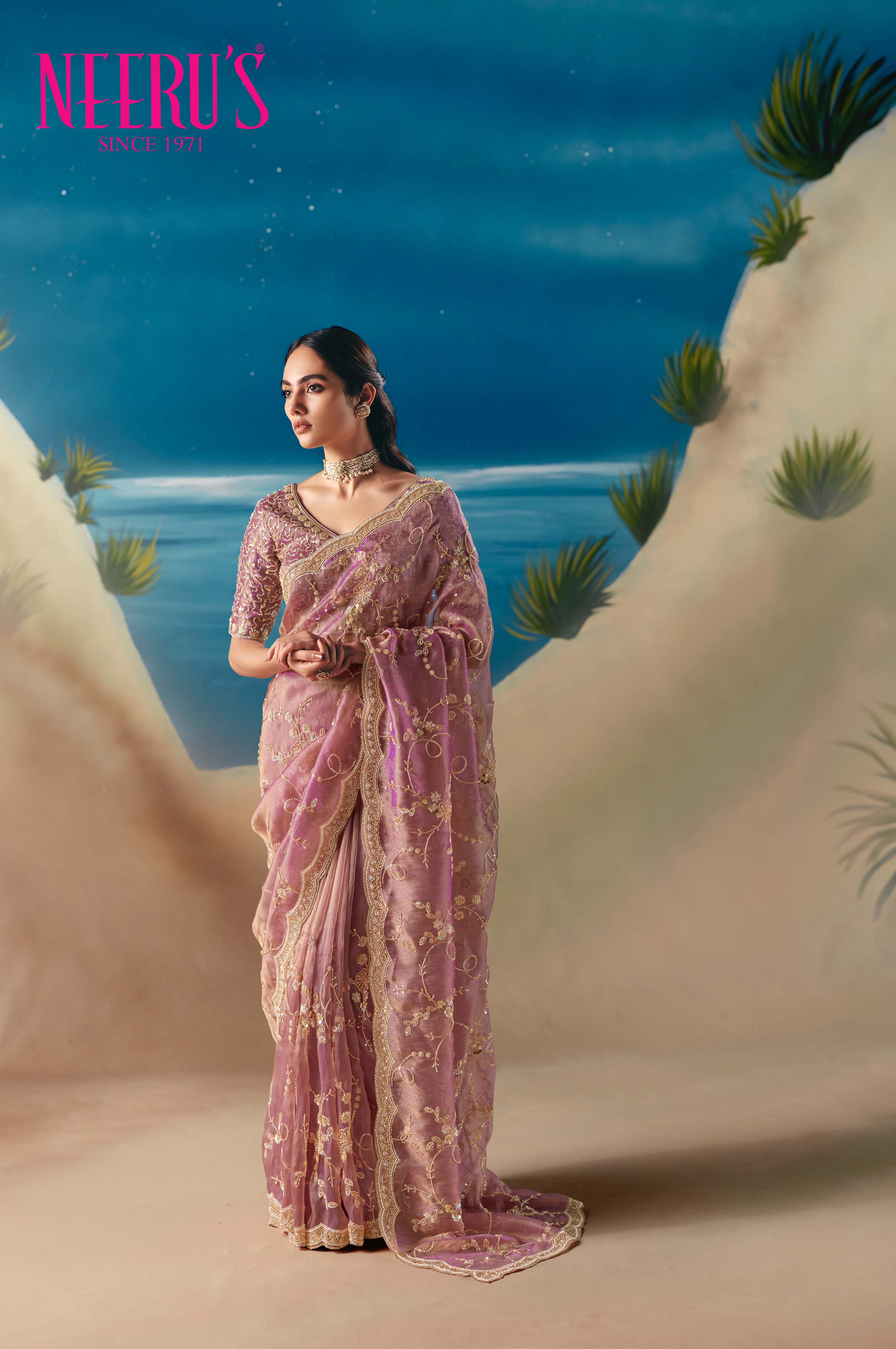 Peach Tissue Saree With Hand Embroidery And Stone Work - Image 2