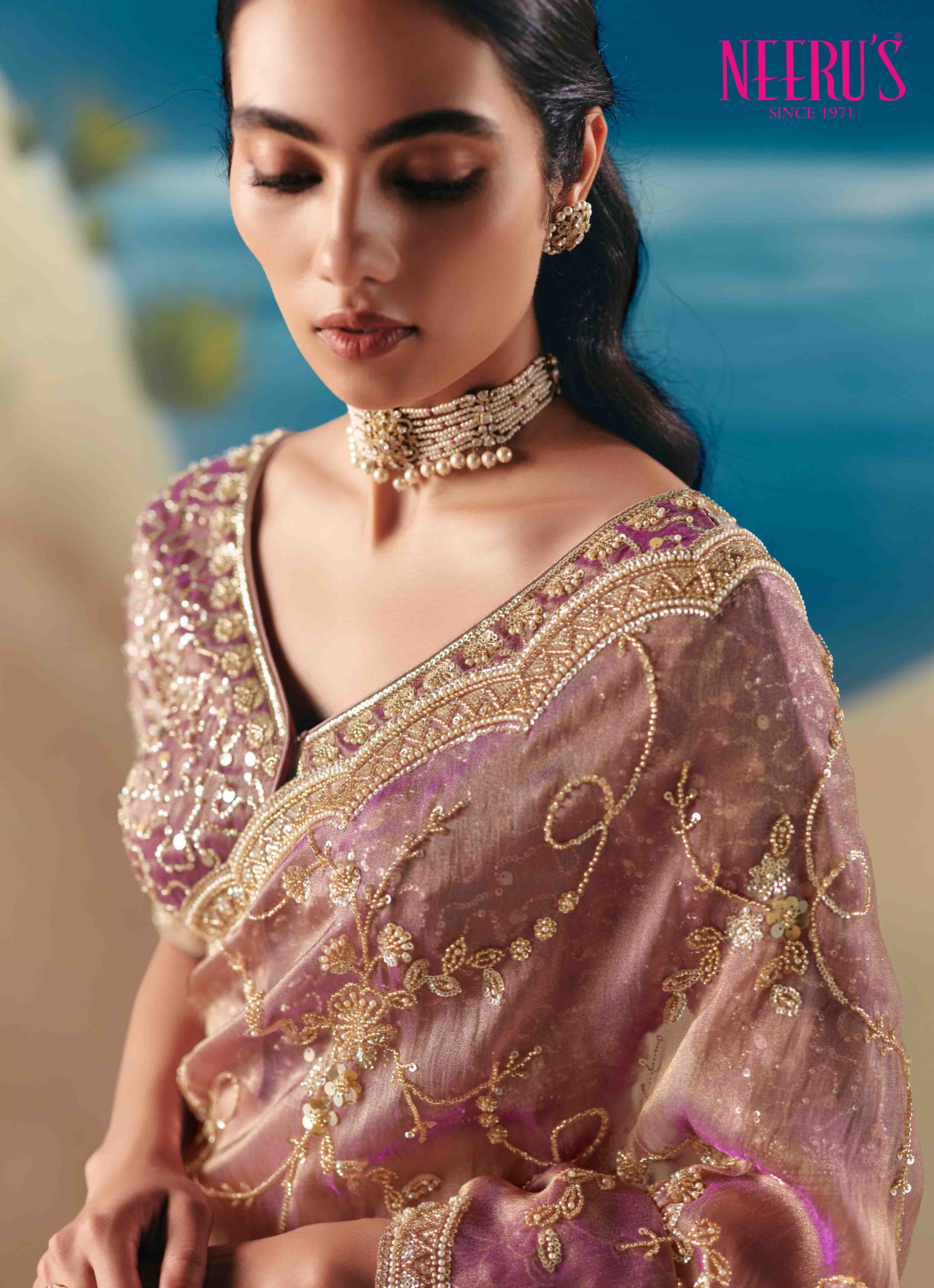 Peach Tissue Saree With Hand Embroidery And Stone Work - Image 3