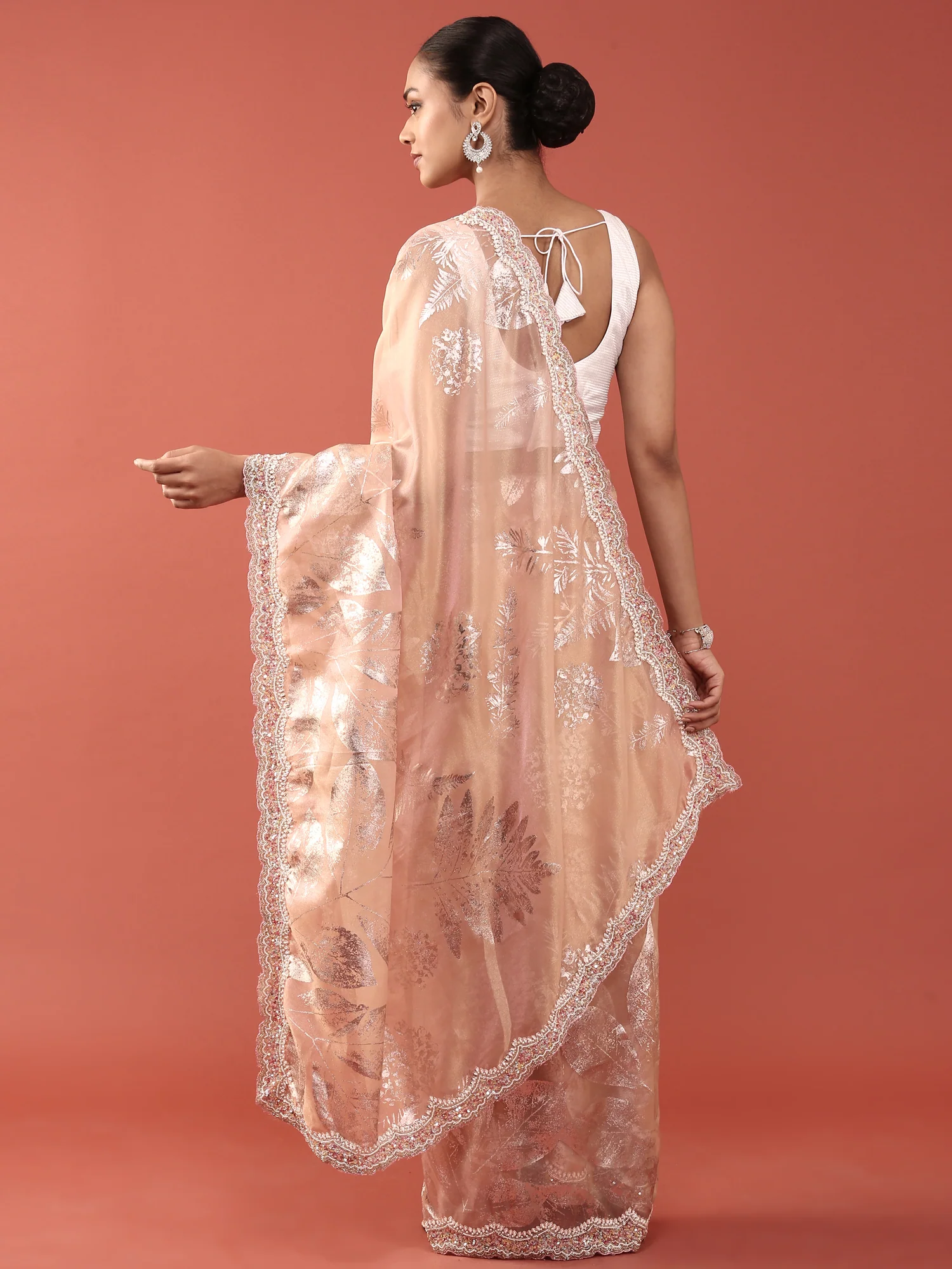 Peach Tissue Sequins Embroidery Saree - Image 3
