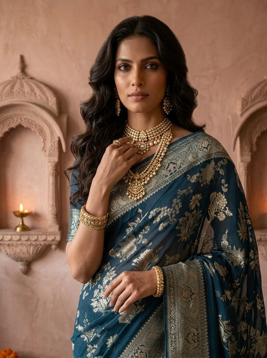 Peacock Banaras Floral Design Weaved Saree - Image 3