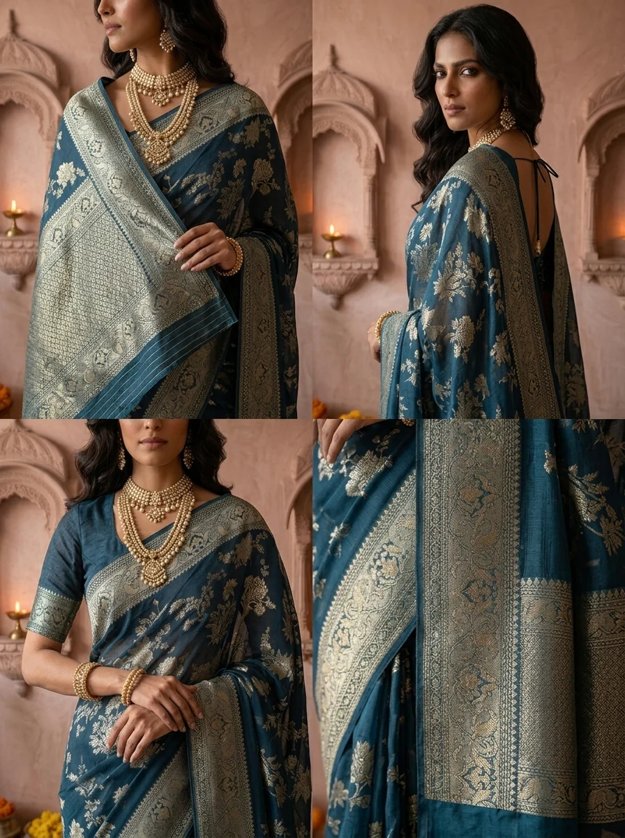 Peacock Banaras Floral Design Weaved Saree - Image 4