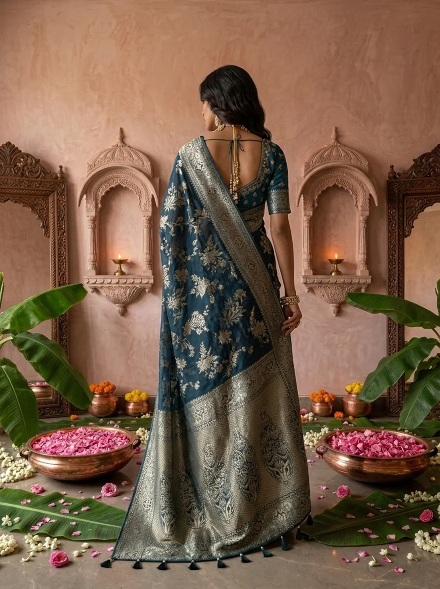 Peacock Banaras Floral Design Weaved Saree - Image 5