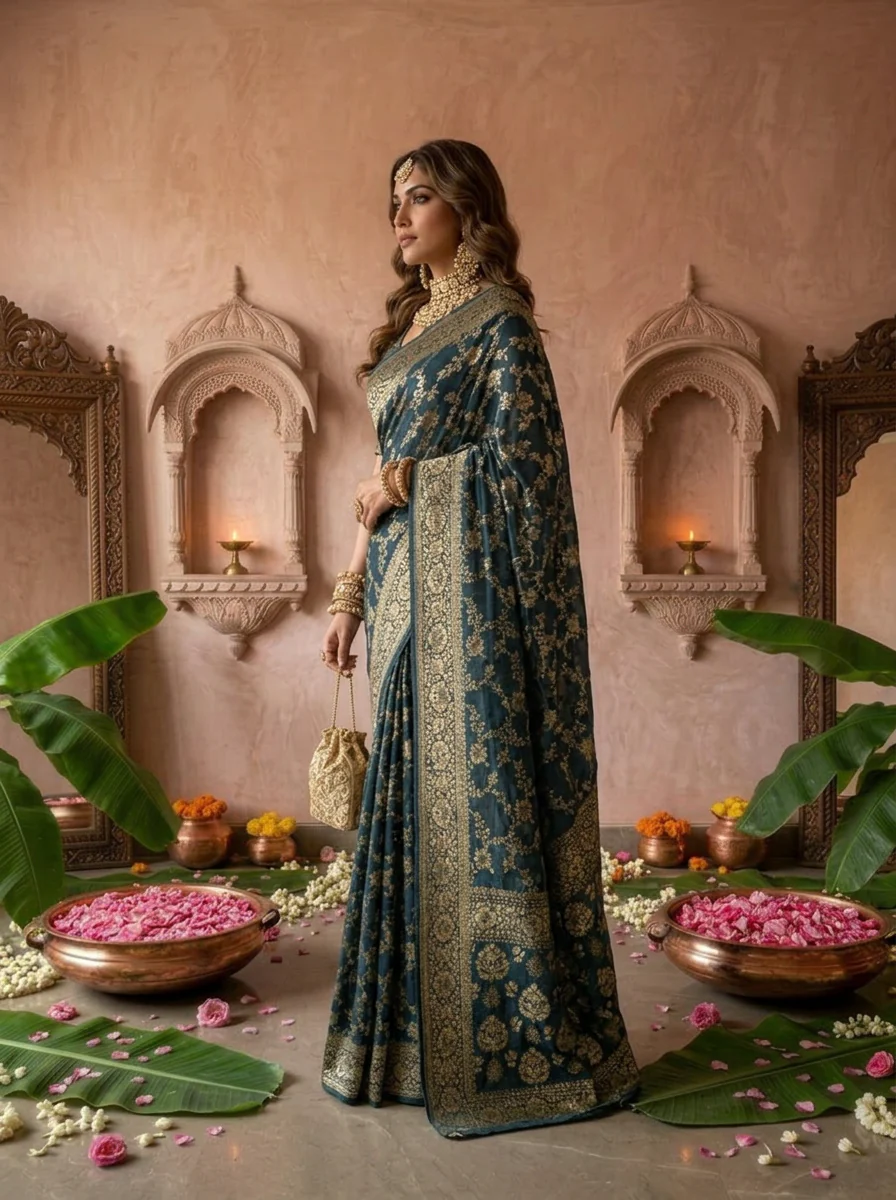 Peacock Banaras Floral Design Weaved Saree - Image 3
