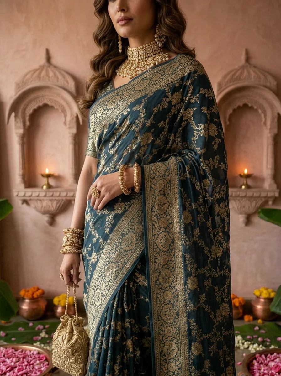Peacock Banaras Floral Design Weaved Saree - Image 4