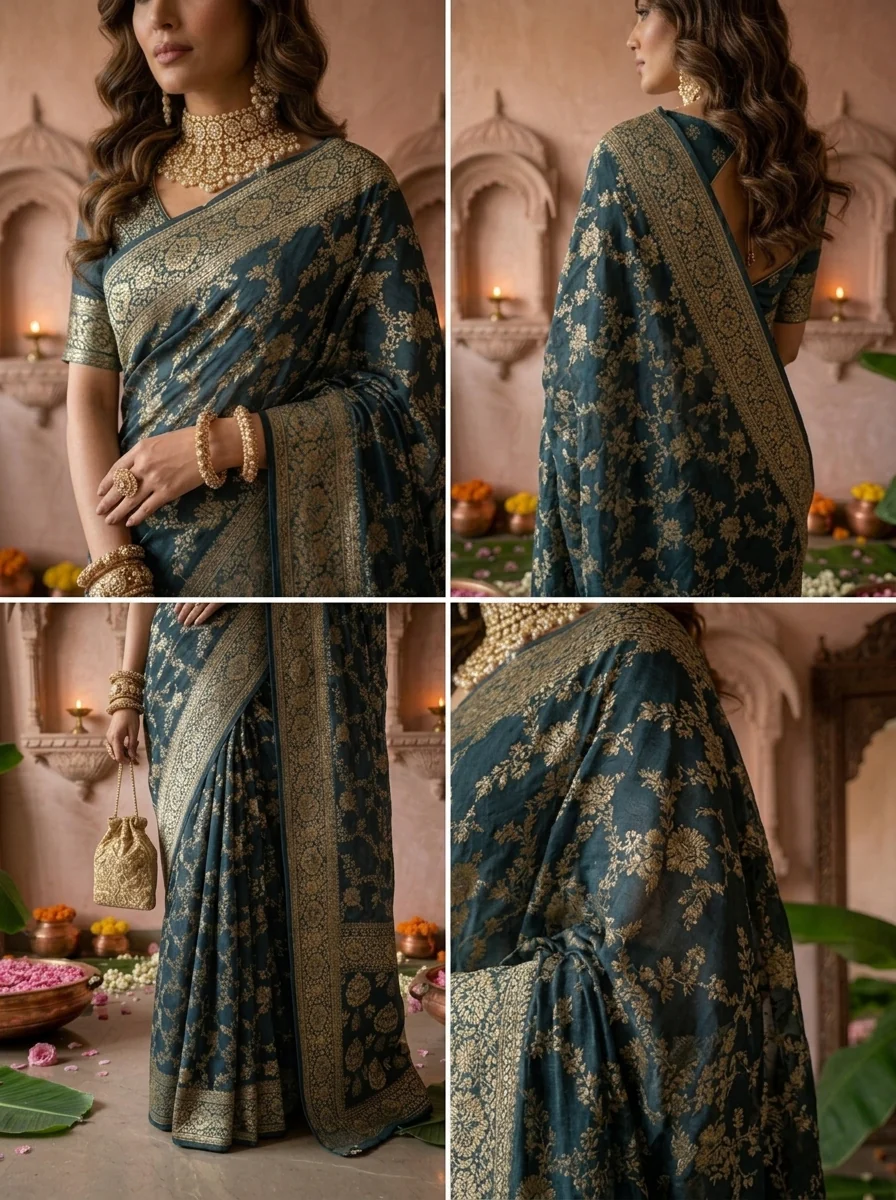 Peacock Banaras Floral Design Weaved Saree - Image 5