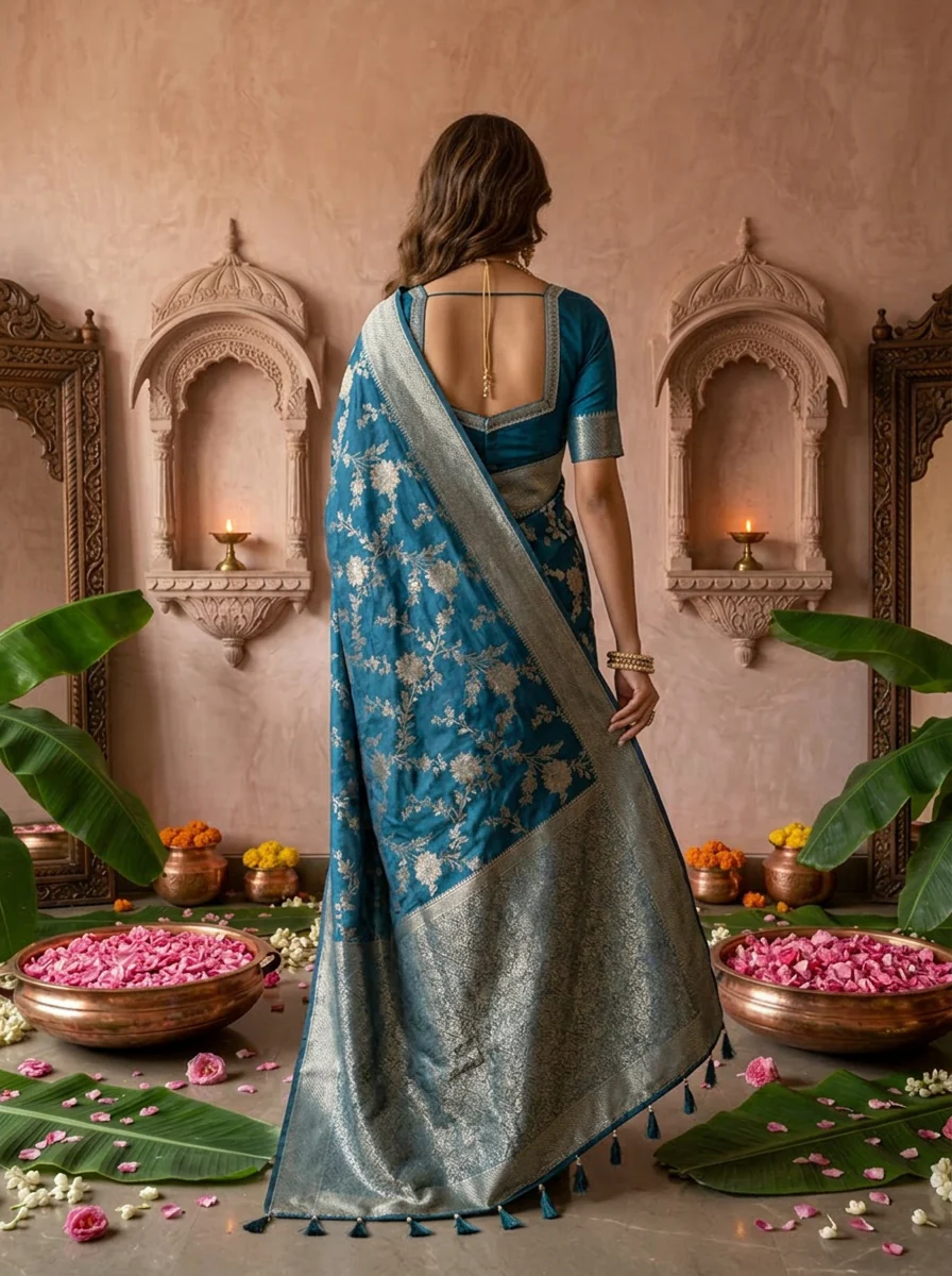 Peacock Banaras Floral Weaved Saree - Image 2