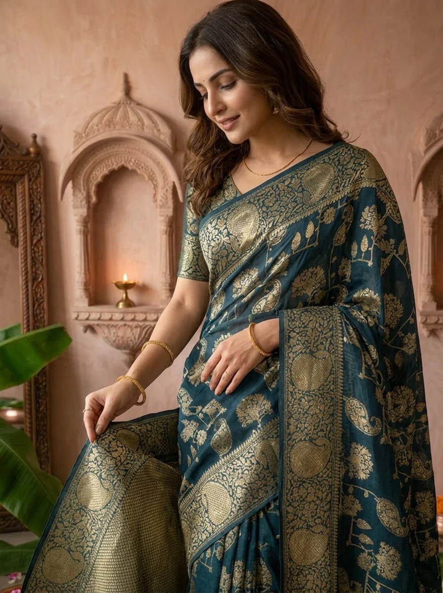 Peacock Banaras Paisley Design Weaved Saree - Image 3