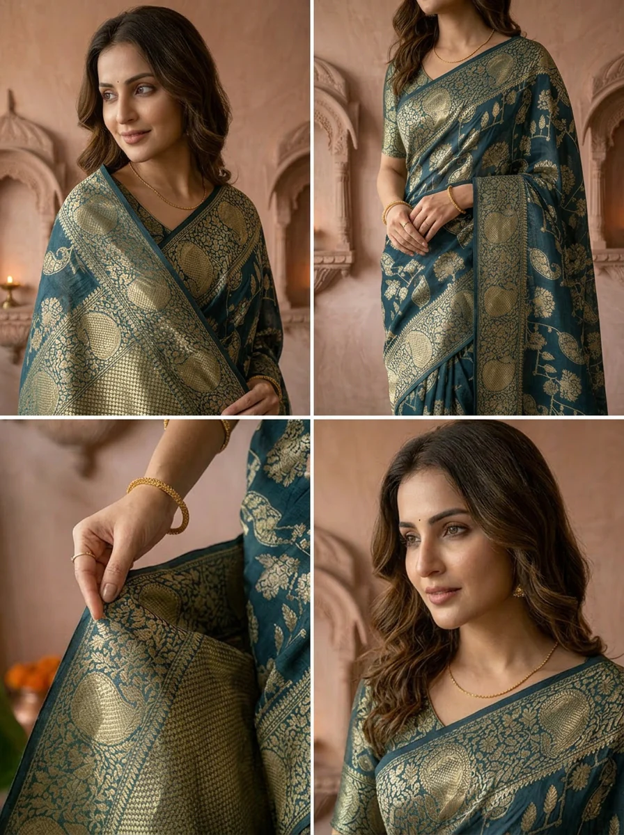 Peacock Banaras Paisley Design Weaved Saree - Image 4
