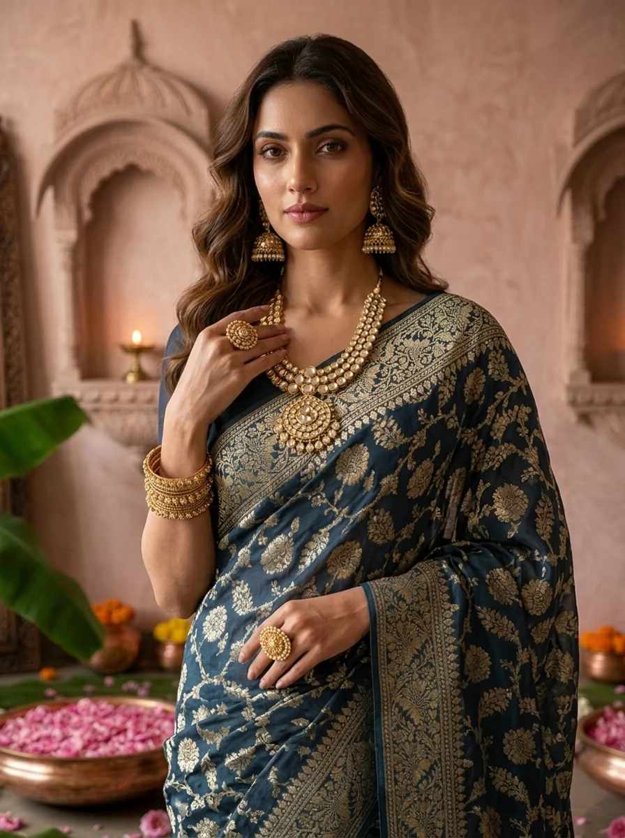 Peacock Banaras Weaved Floral Design Saree - Image 4