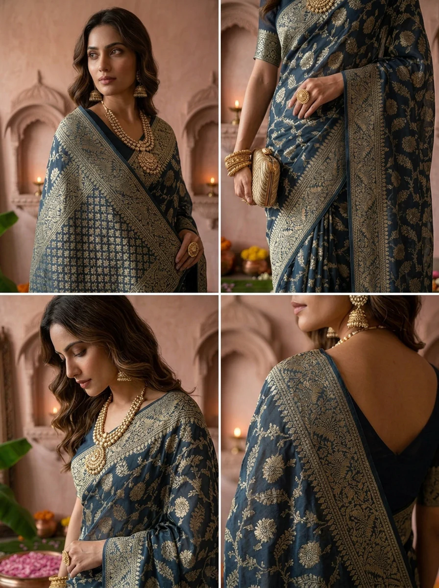 Peacock Banaras Weaved Floral Design Saree - Image 5