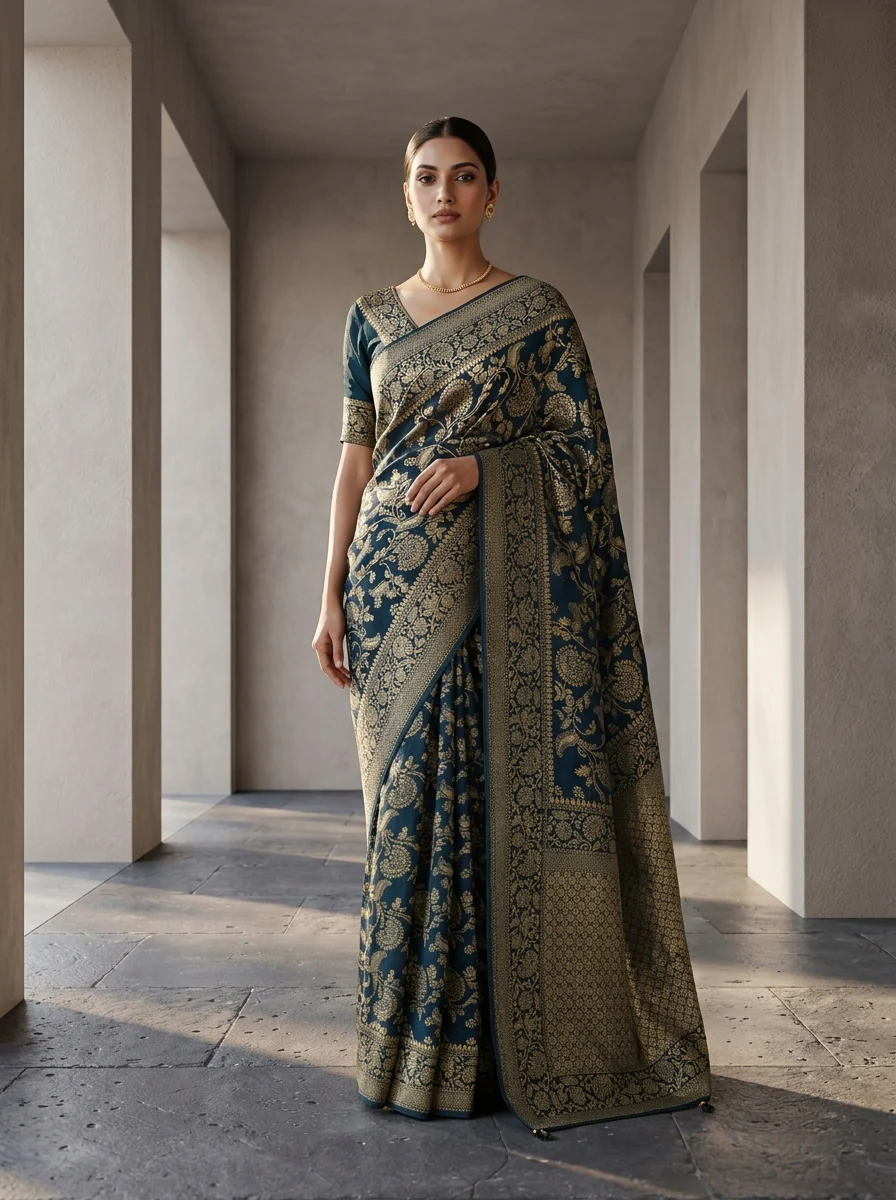 Peacock Banaras Weaved Saree With Floral Design - Image 2
