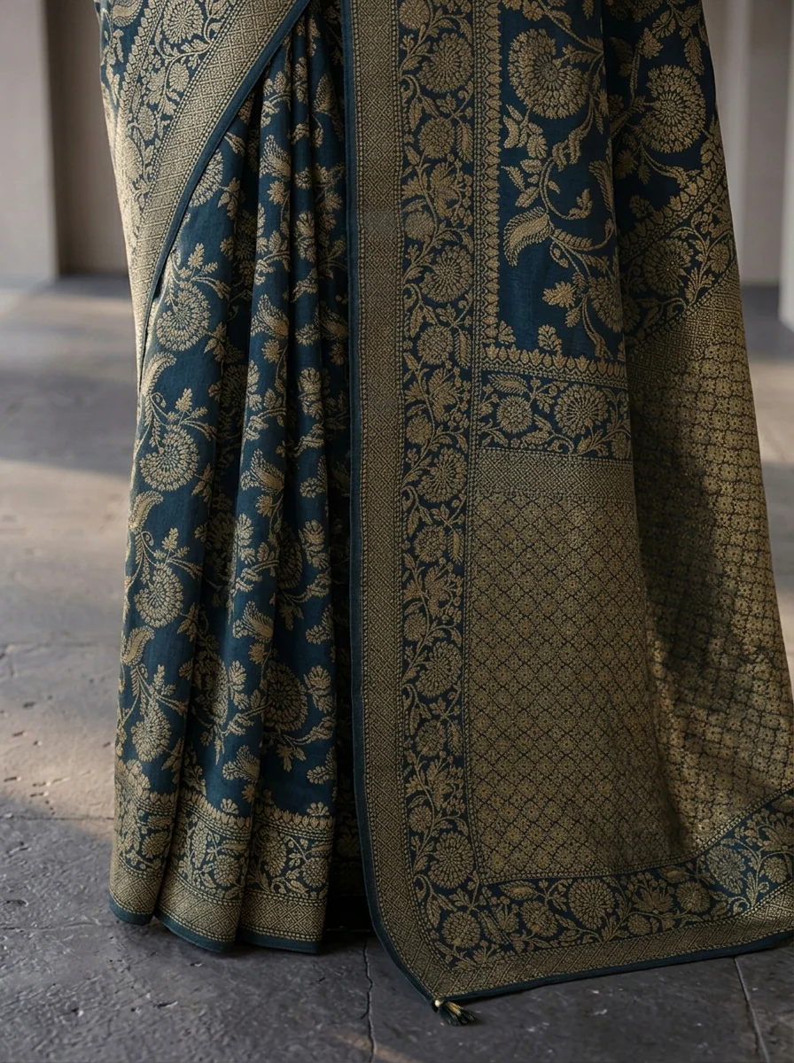 Peacock Banaras Weaved Saree With Floral Design - Image 4
