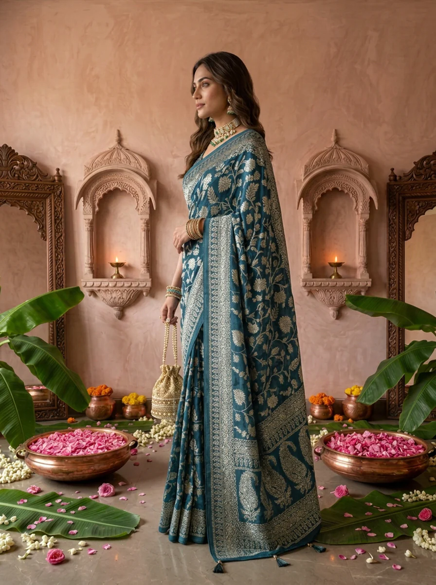 Peacock Banaras Weaved Saree With Floral Design - Image 2