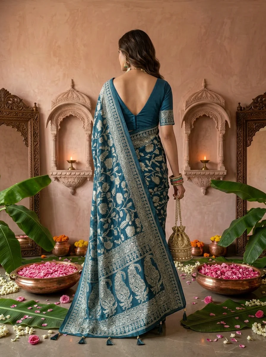 Peacock Banaras Weaved Saree With Floral Design - Image 3