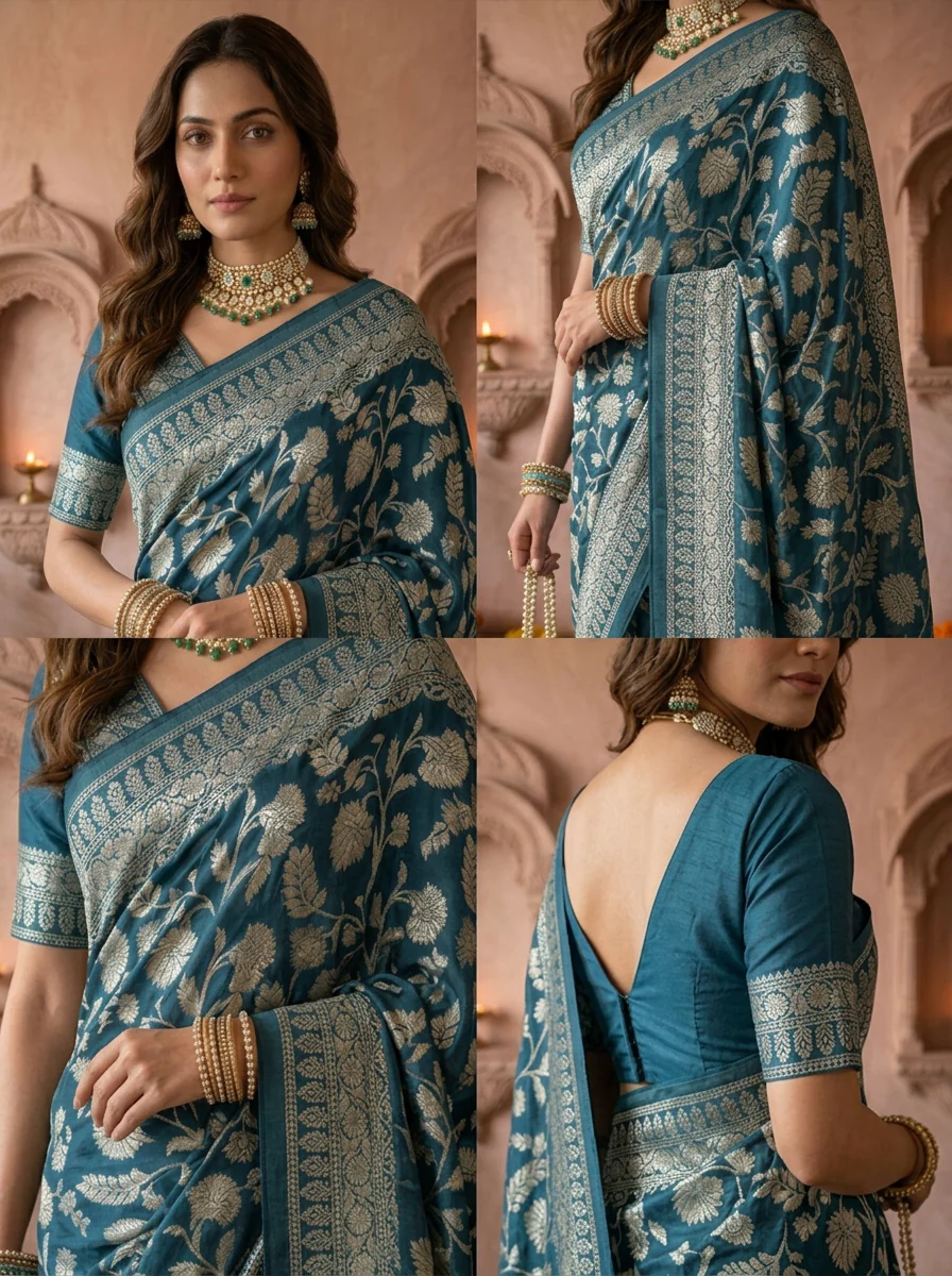 Peacock Banaras Weaved Saree With Floral Design - Image 4