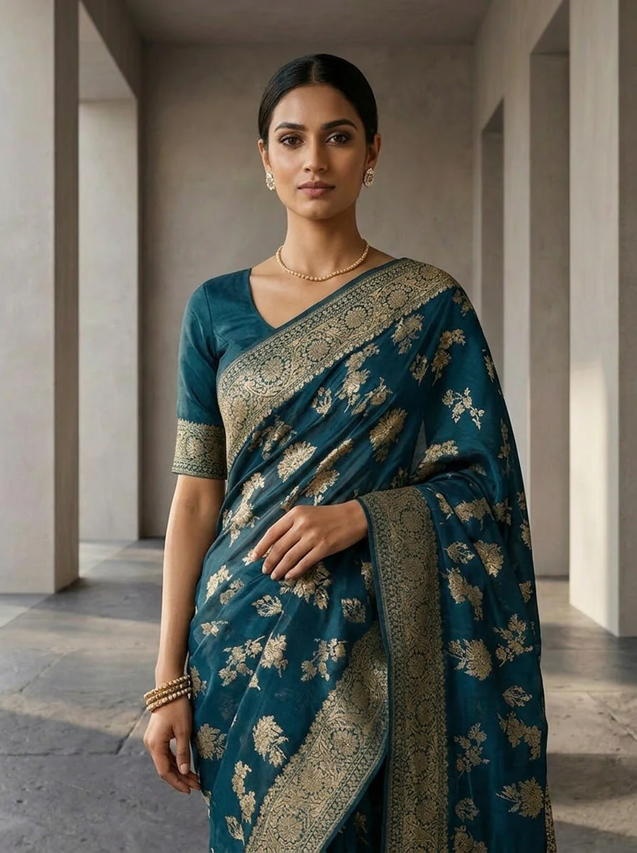 Peacock Banaras Weaved Saree With Floral Design - Image 3